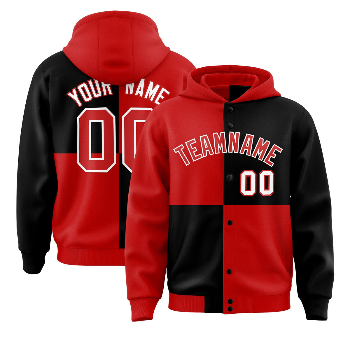 Custom Red Black Varsity Full-Snap Four Squares Color Block Letterman Jacket Hoodie| KXKSHOP