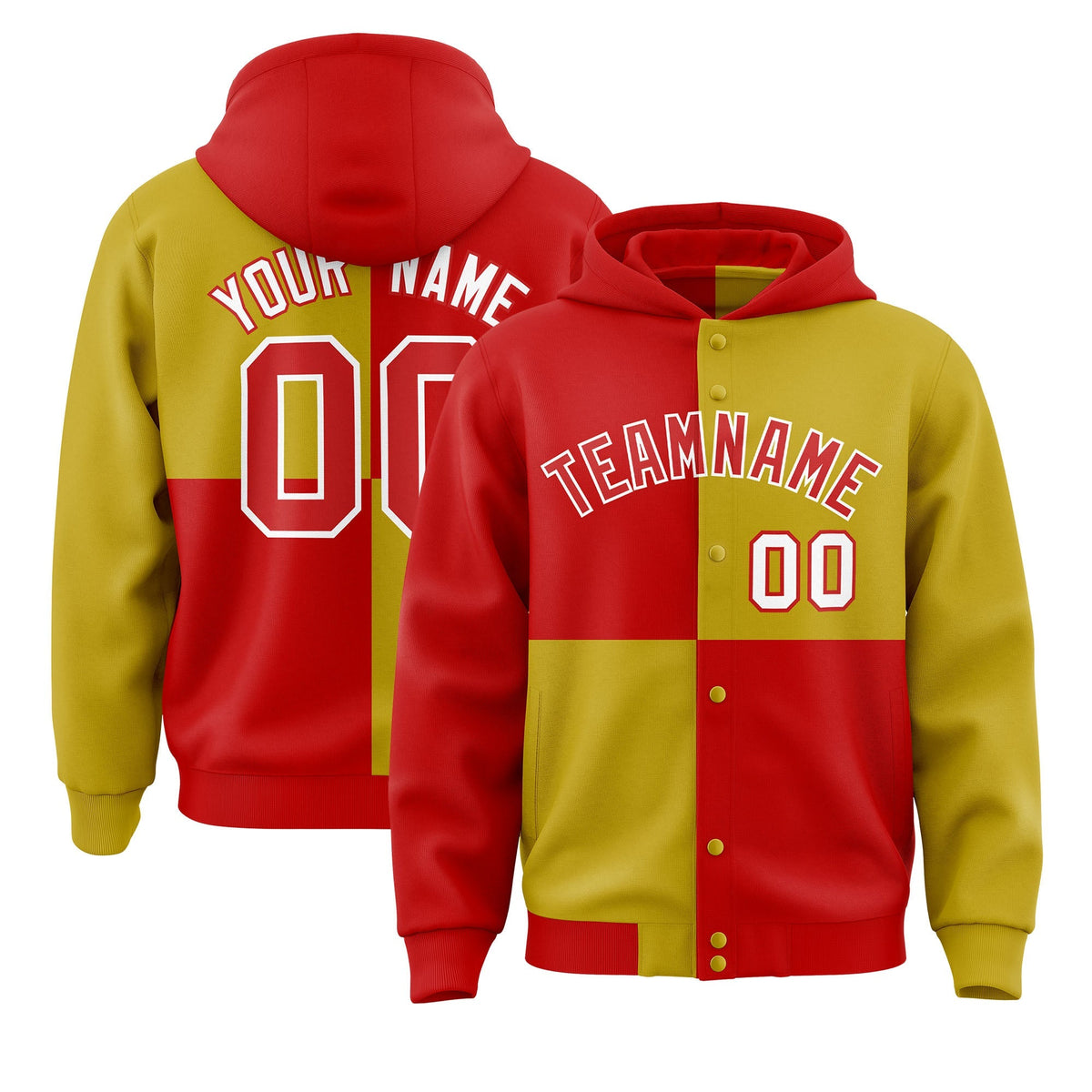 Custom Red Old Gold Varsity Full-Snap Four Squares Color Block Letterman Jacket Hoodie| KXKSHOP