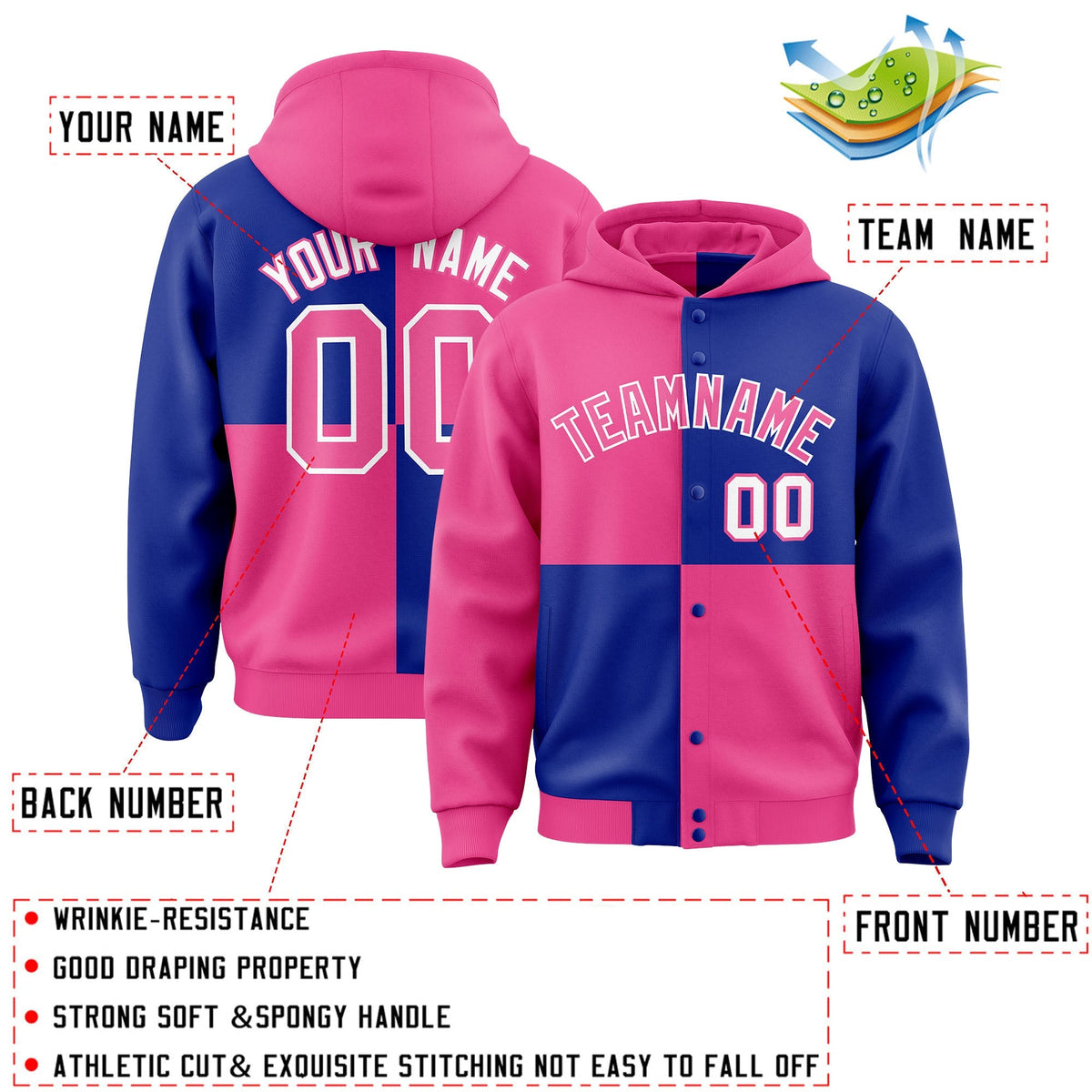 Custom Pink Royal Varsity Full-Snap Four Squares Color Block Letterman Jacket Hoodie| KXKSHOP