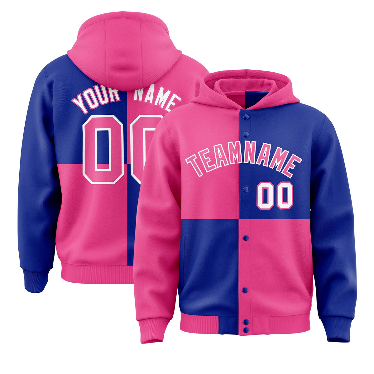 Custom Pink Royal Varsity Full-Snap Four Squares Color Block Letterman Jacket Hoodie| KXKSHOP