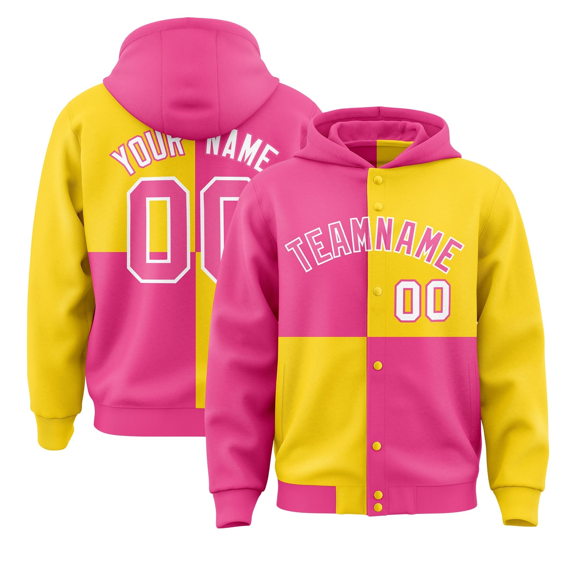 Custom Pink Gold Varsity Full-Snap Four Squares Color Block Letterman Jacket Hoodie| KXKSHOP
