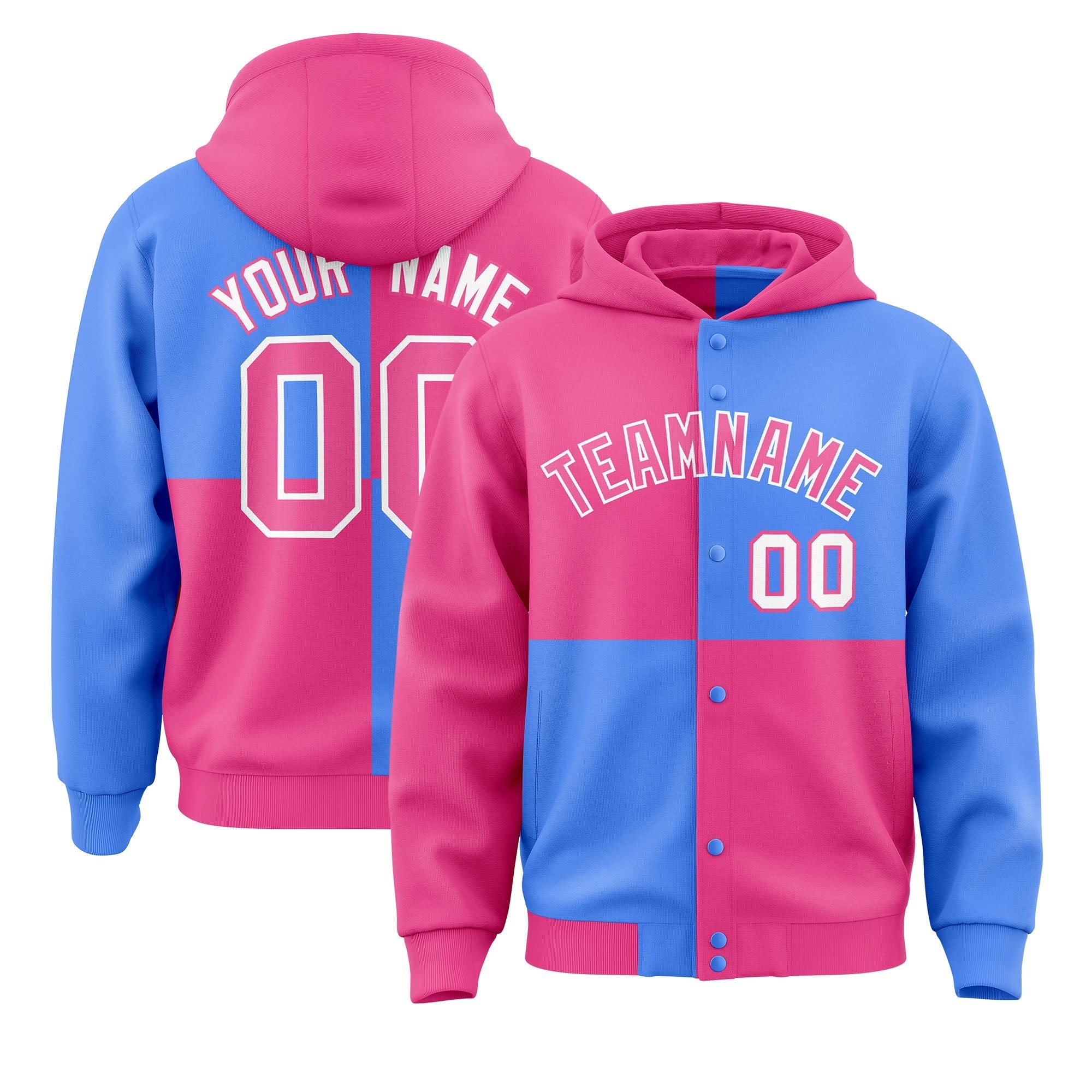 Custom Pink Powder Blue Varsity Full-Snap Four Squares Color Block Letterman Jacket Hoodie| KXKSHOP