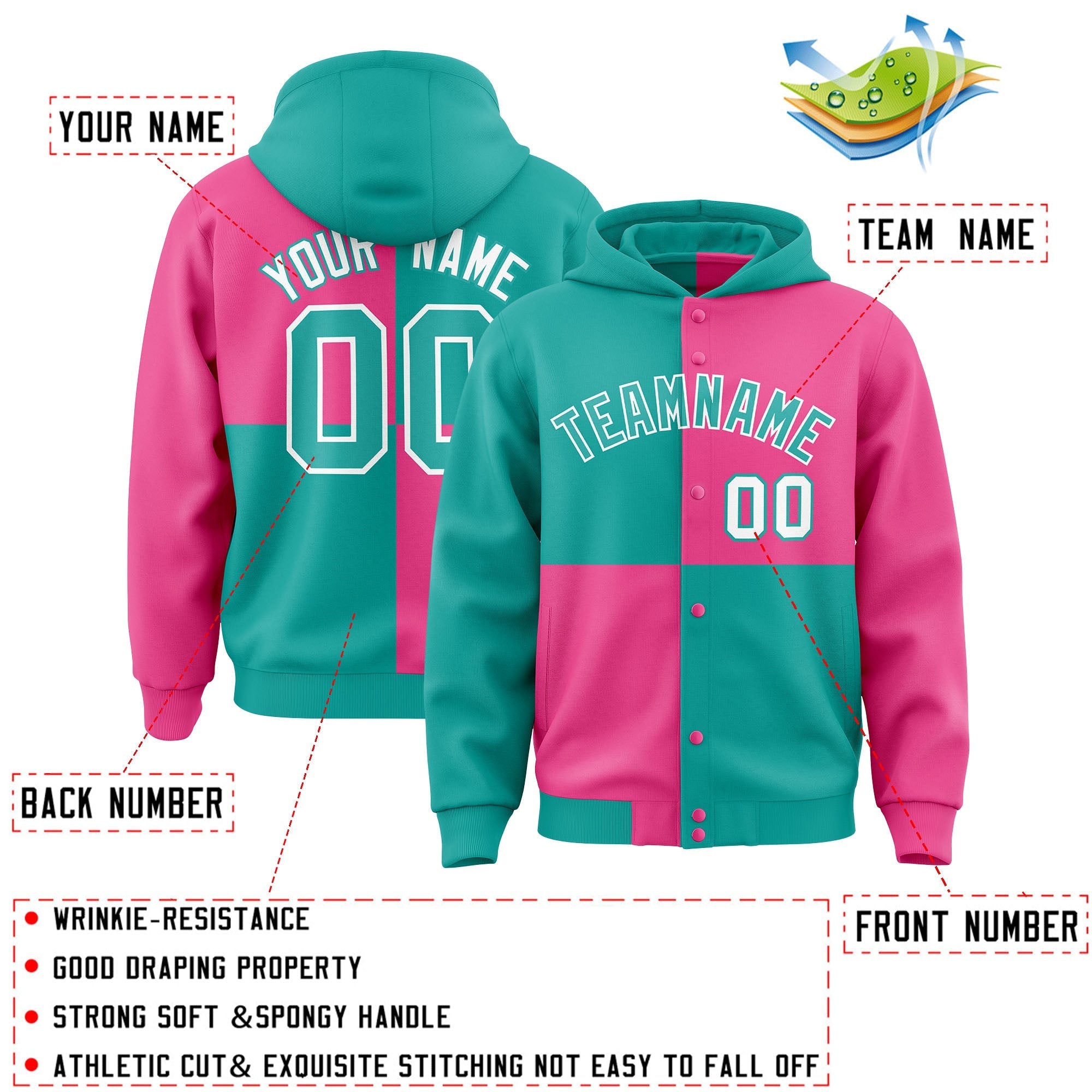Custom Aqua Pink Varsity Full-Snap Four Squares Color Block Letterman Jacket Hoodie| KXKSHOP