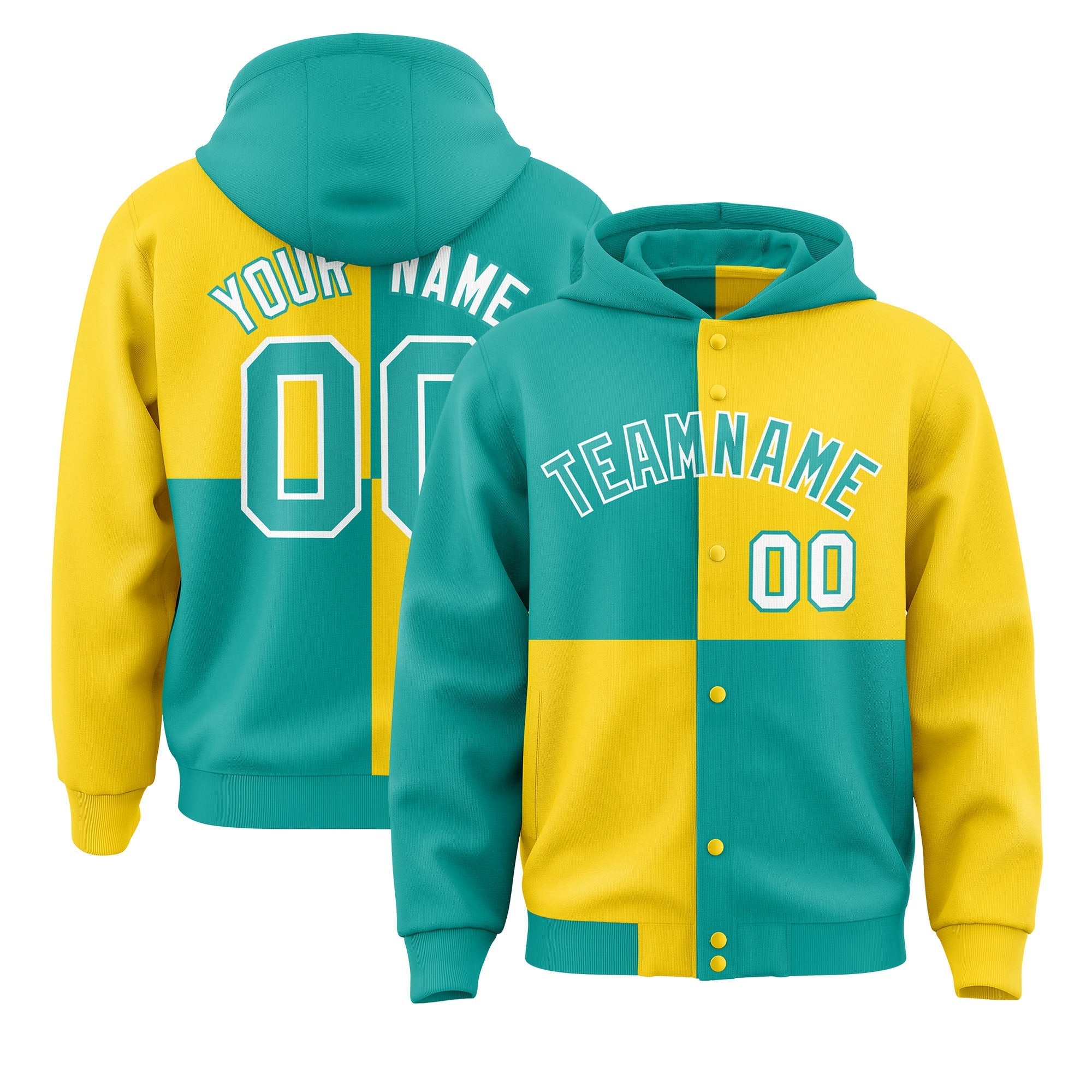 Custom Aqua Gold Varsity Full-Snap Four Squares Color Block Letterman Jacket Hoodie| KXKSHOP