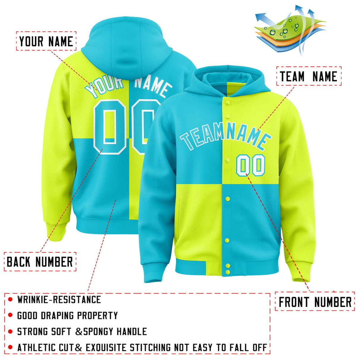 Custom Sky Blue Green Varsity Full-Snap Four Squares Color Block Letterman Jacket Hoodie| KXKSHOP