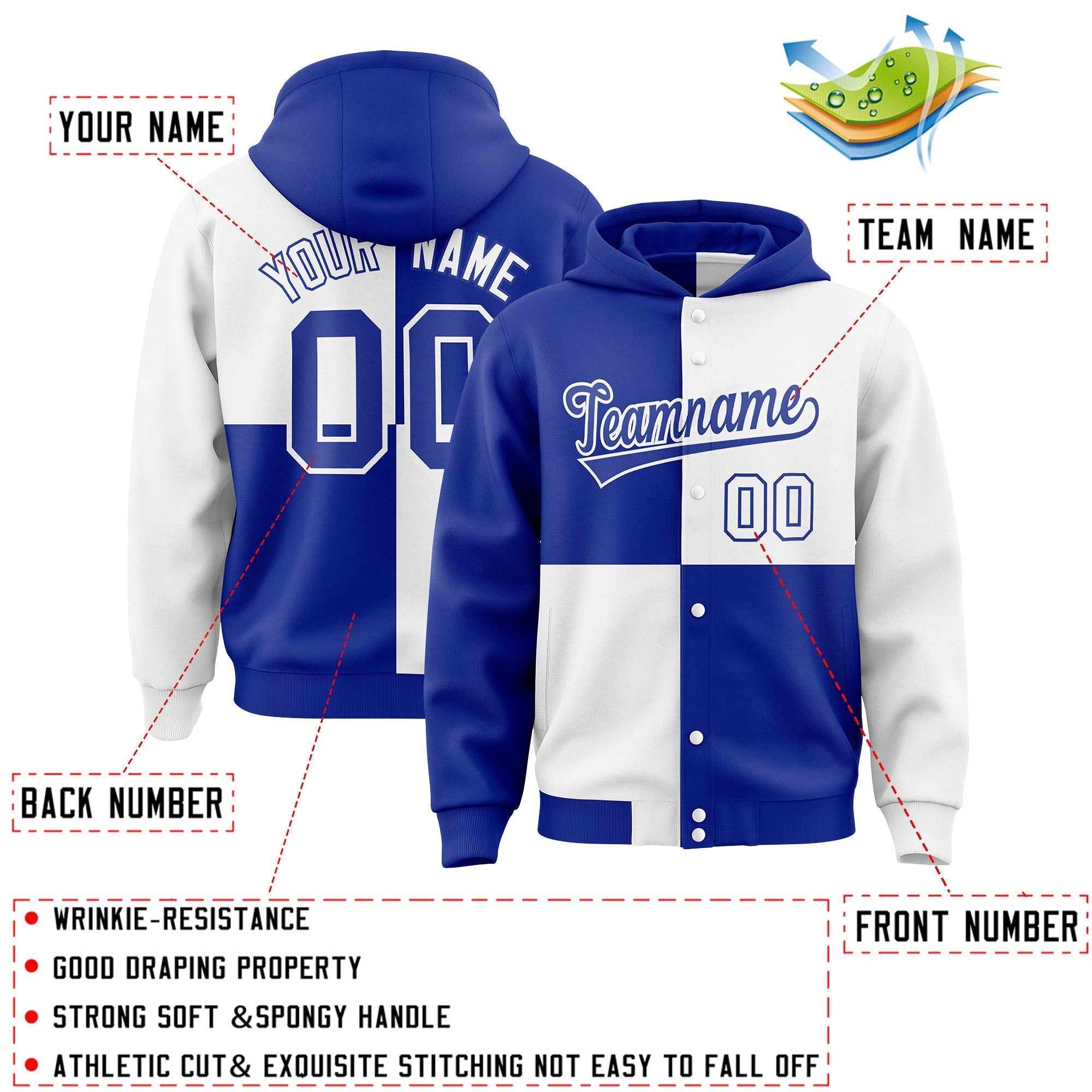 Custom Royal White Varsity Full-Snap Four Squares Color Block Letterman Jacket Hoodie| KXKSHOP