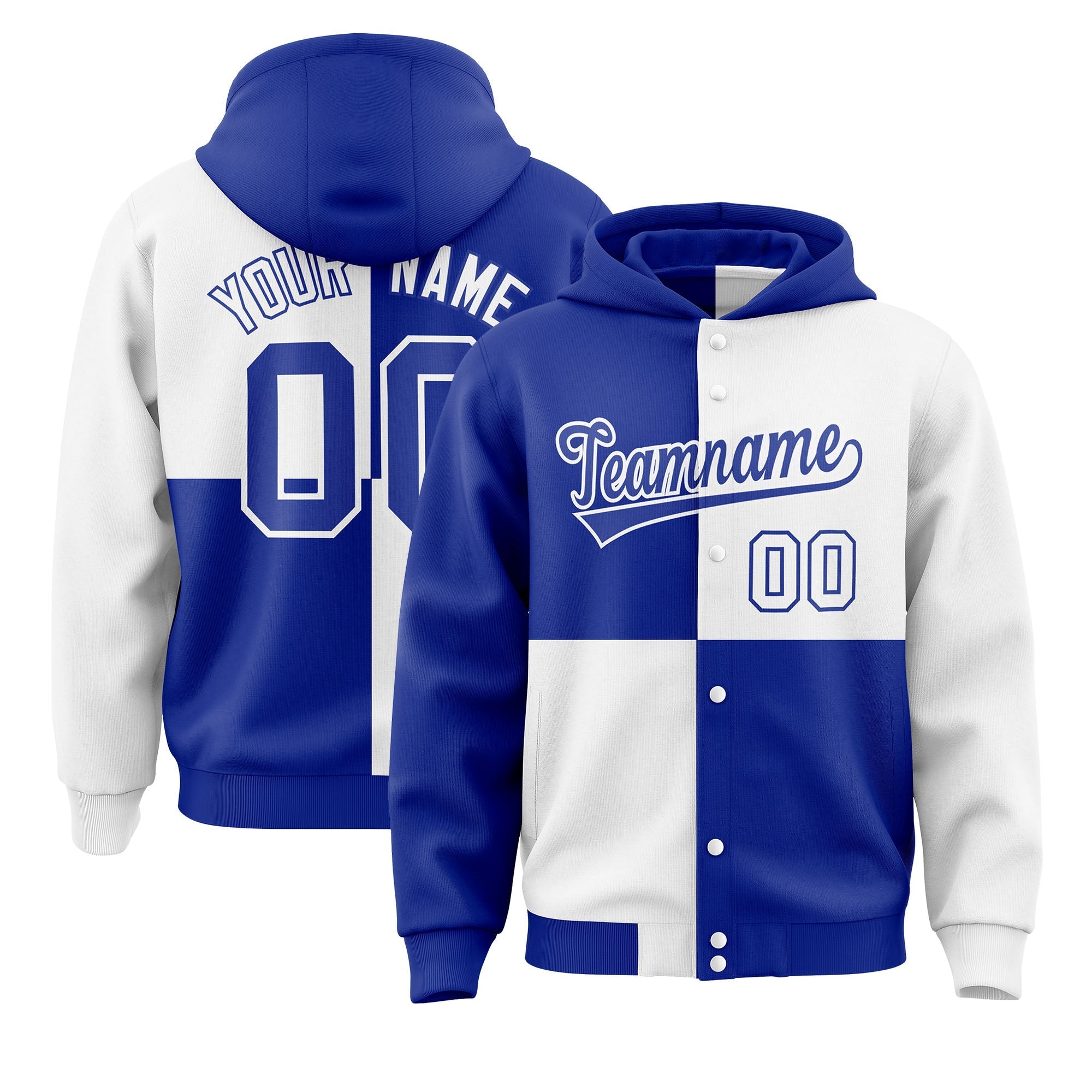 Custom Royal White Varsity Full-Snap Four Squares Color Block Letterman Jacket Hoodie| KXKSHOP