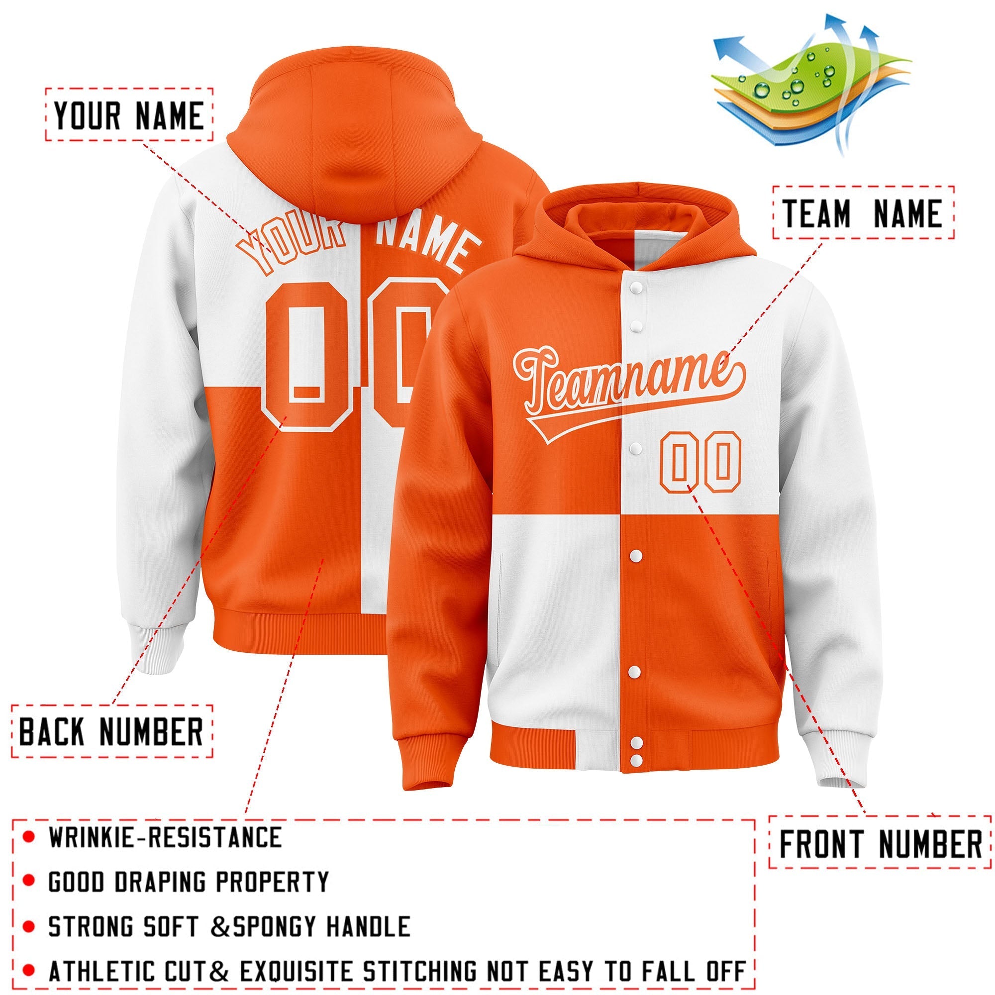 Custom Orange White Varsity Full-Snap Four Squares Color Block Letterman Jacket Hoodie| KXKSHOP