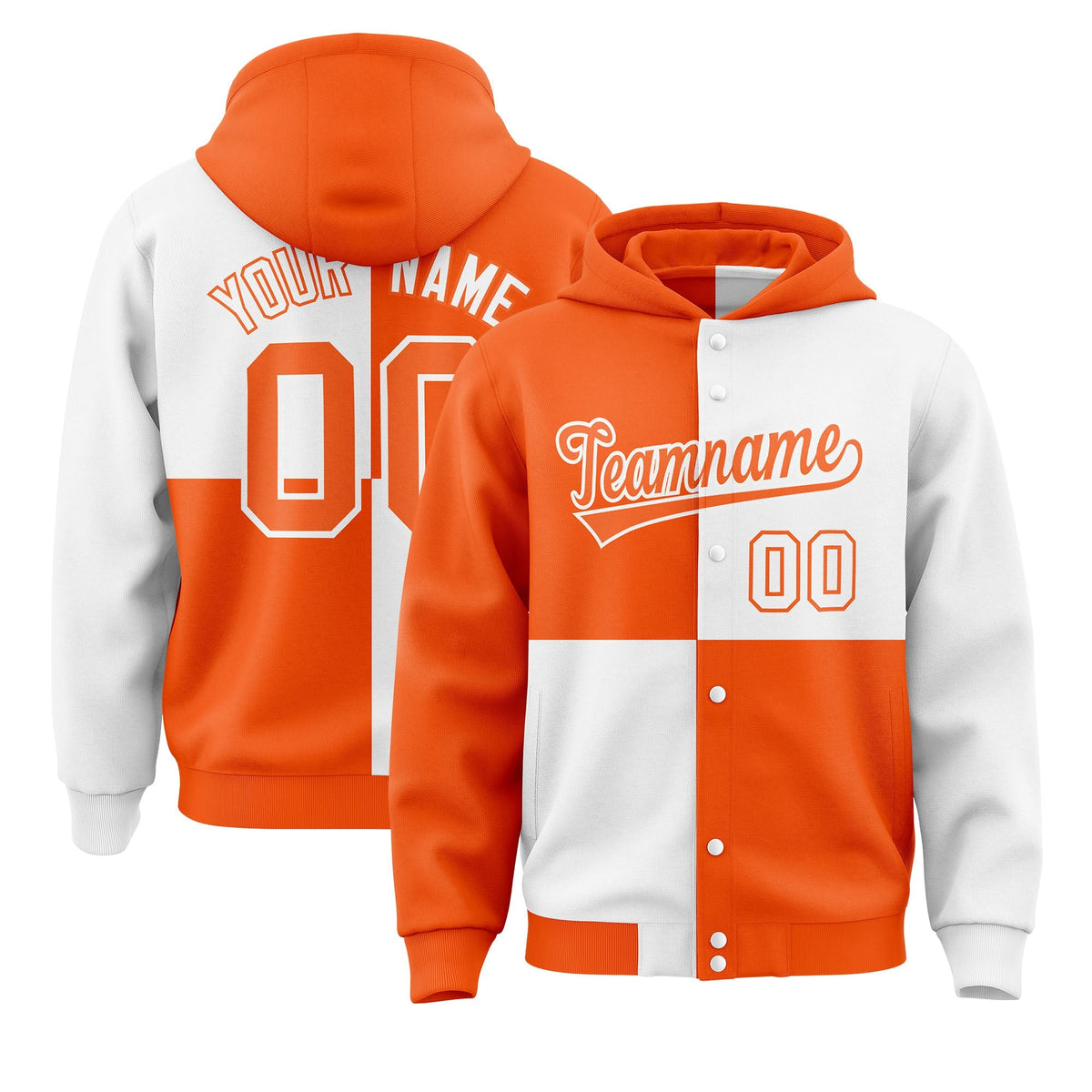 Custom Orange White Varsity Full-Snap Four Squares Color Block Letterman Jacket Hoodie| KXKSHOP