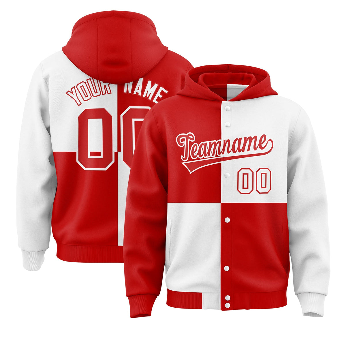 Custom Red White Varsity Full-Snap Four Squares Color Block Letterman Jacket Hoodie| KXKSHOP