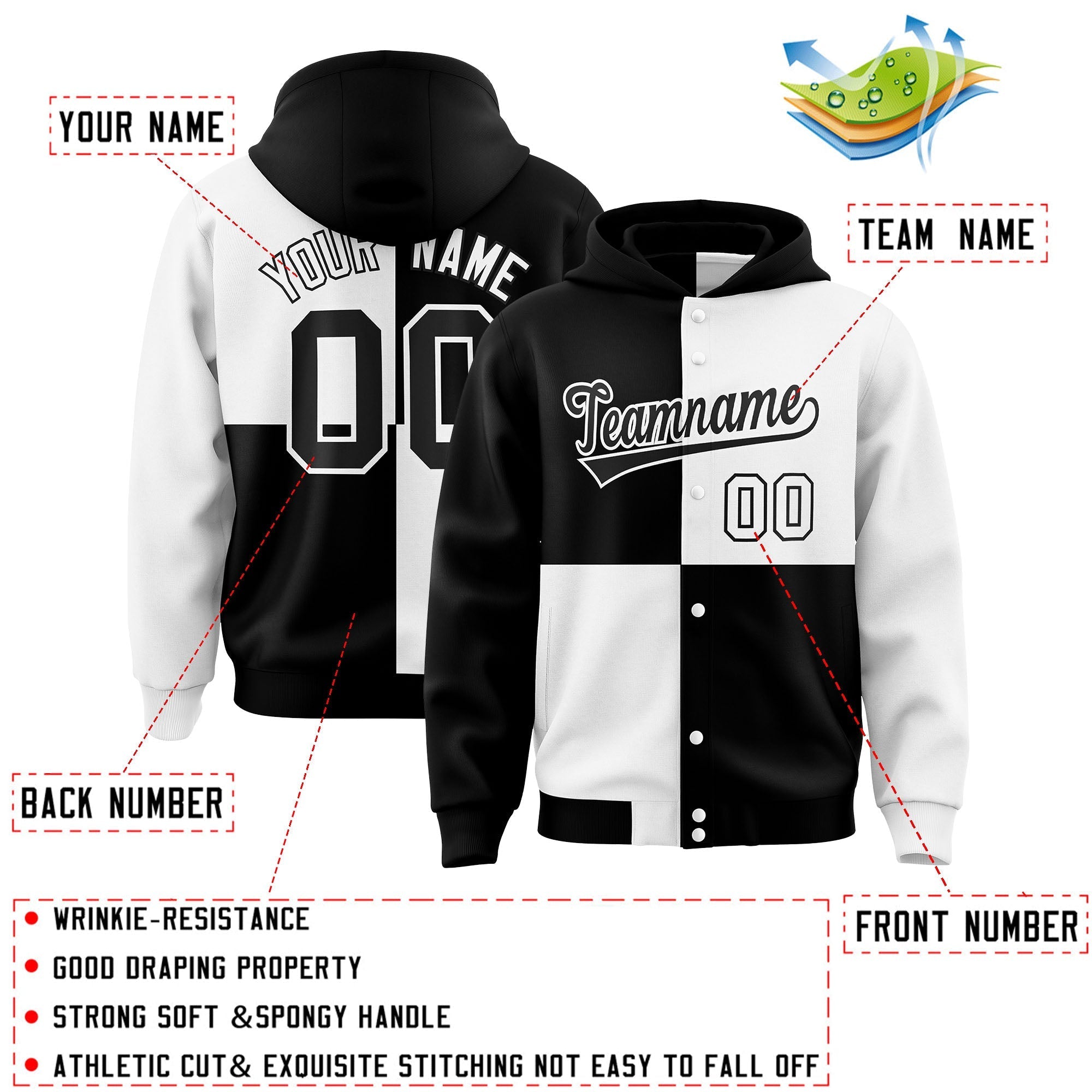 Custom Black White Varsity Full-Snap Four Squares Color Block Letterman Jacket Hoodie| KXKSHOP