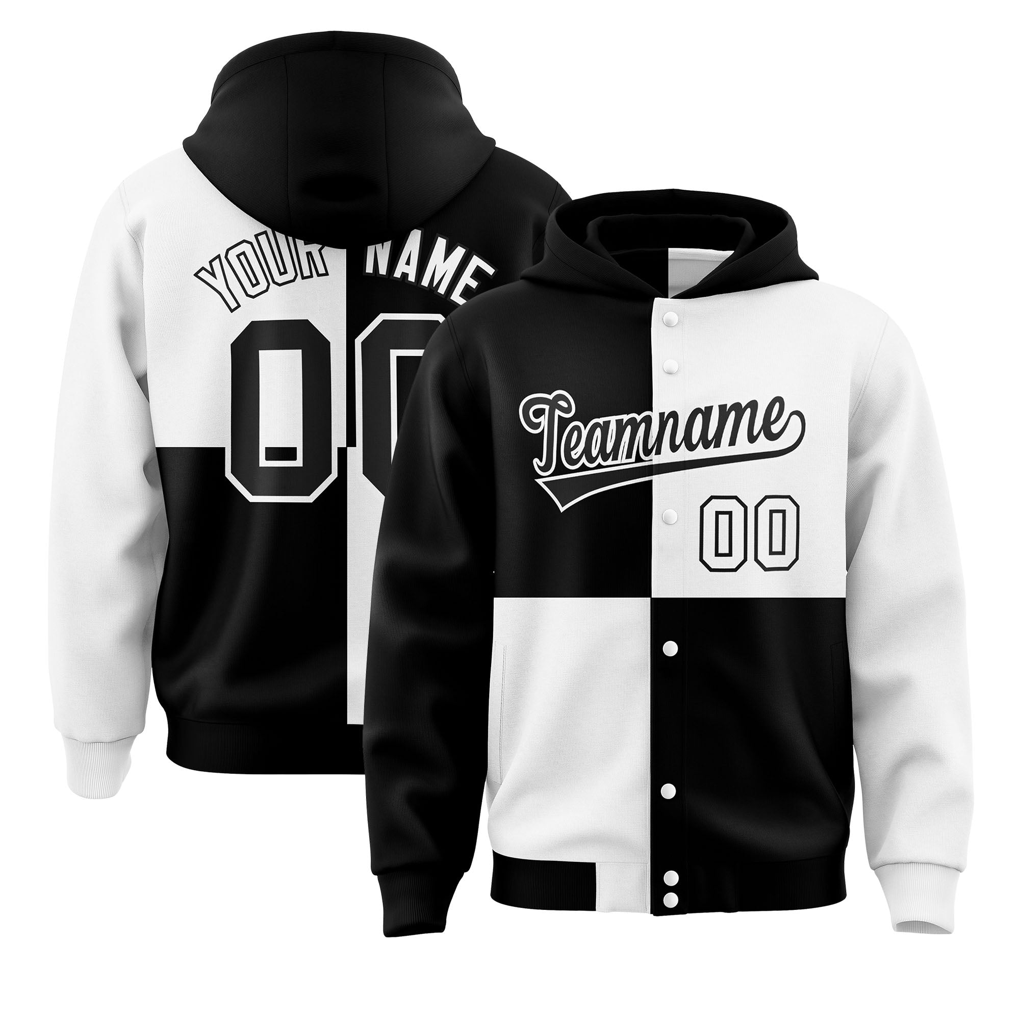 Custom Black White Varsity Full-Snap Four Squares Color Block Letterman Jacket Hoodie| KXKSHOP