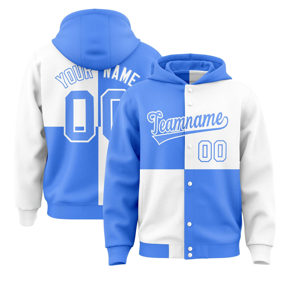 Custom Powder Blue White Varsity Full-Snap Four Squares Color Block Letterman Jacket Hoodie| KXKSHOP