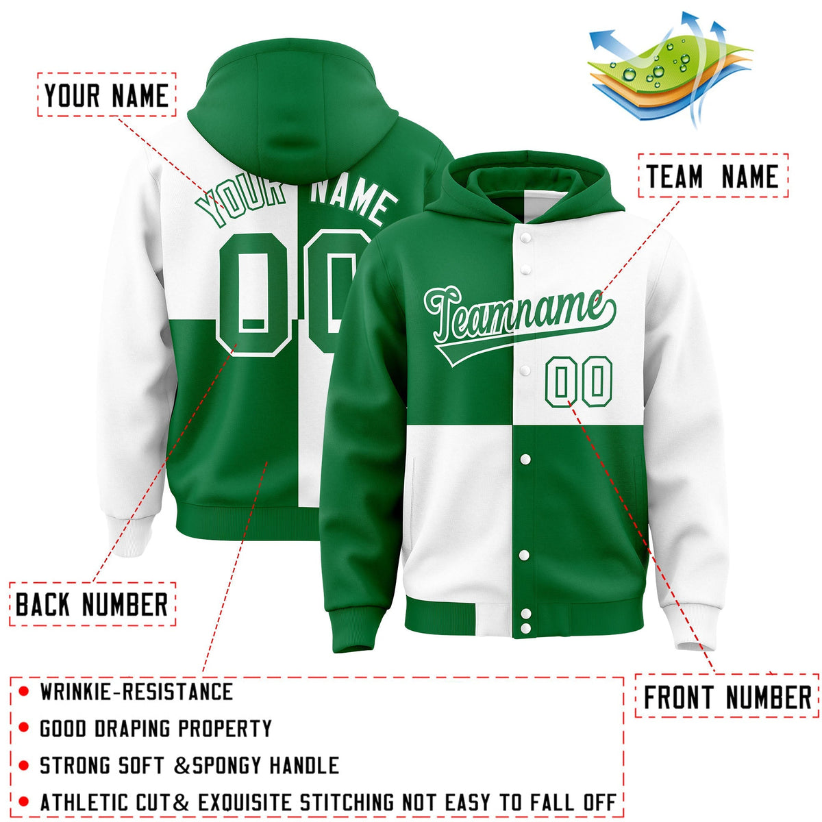 Custom Kelly Green White Varsity Full-Snap Four Squares Color Block Letterman Jacket Hoodie| KXKSHOP