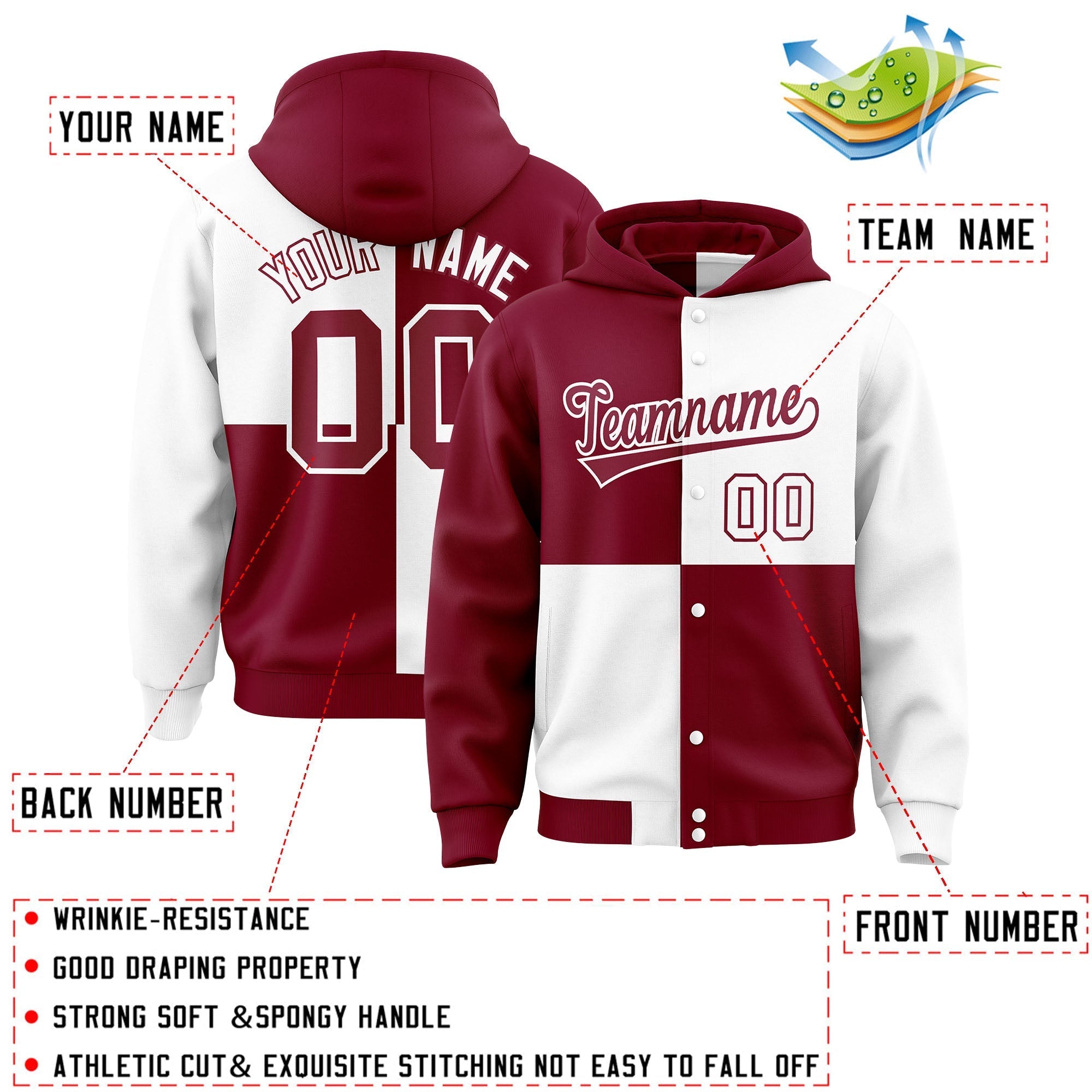 Custom Crimson White Varsity Full-Snap Four Squares Color Block Letterman Jacket Hoodie| KXKSHOP