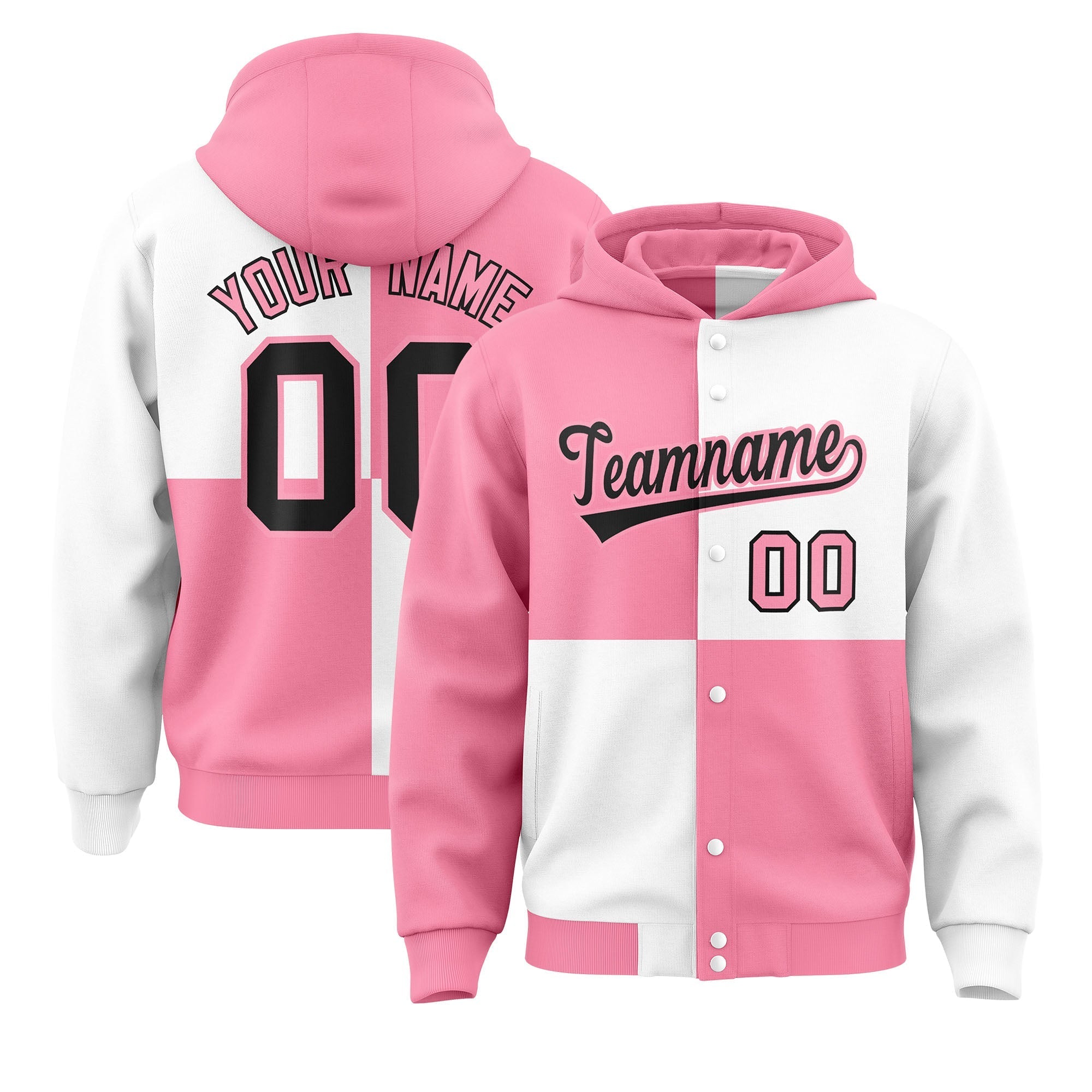 Custom Light Pink White Varsity Full-Snap Four Squares Color Block Letterman Jacket Hoodie| KXKSHOP