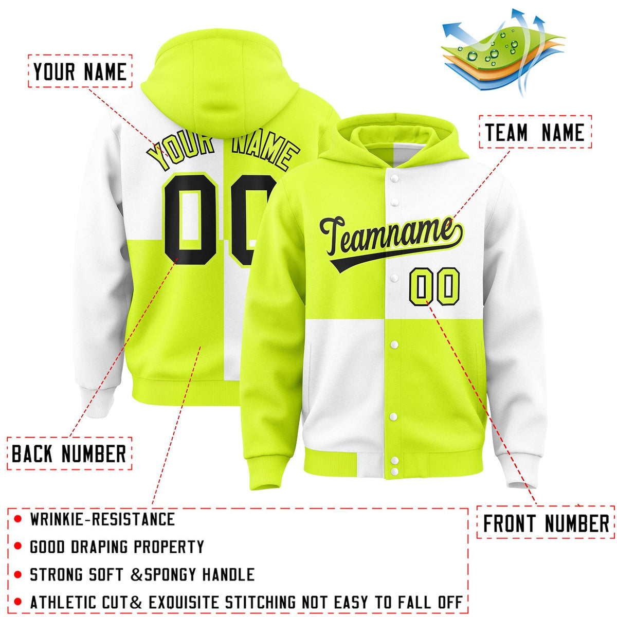 Custom Green White Varsity Full-Snap Four Squares Color Block Letterman Jacket Hoodie| KXKSHOP