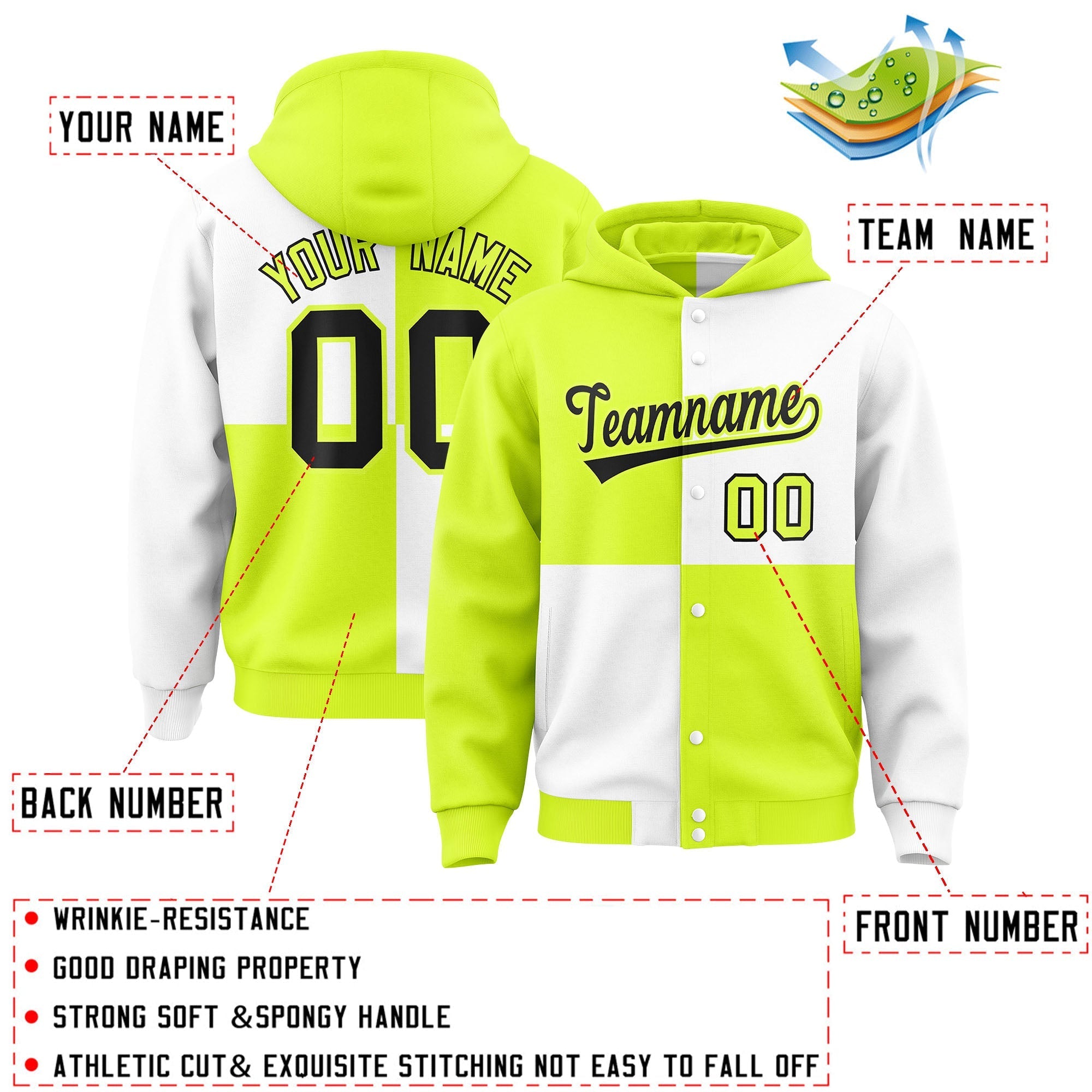 Custom Green White Varsity Full-Snap Four Squares Color Block Letterman Jacket Hoodie| KXKSHOP