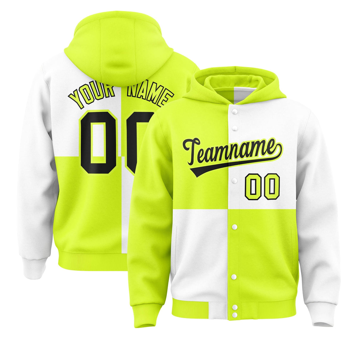 Custom Green White Varsity Full-Snap Four Squares Color Block Letterman Jacket Hoodie| KXKSHOP