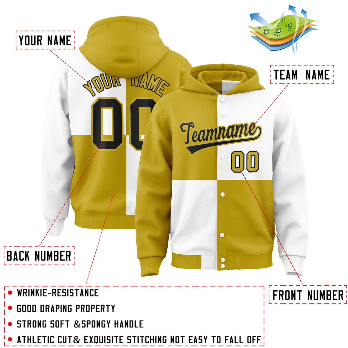 Custom Old Gold White Varsity Full-Snap Four Squares Color Block Letterman Jacket Hoodie| KXKSHOP