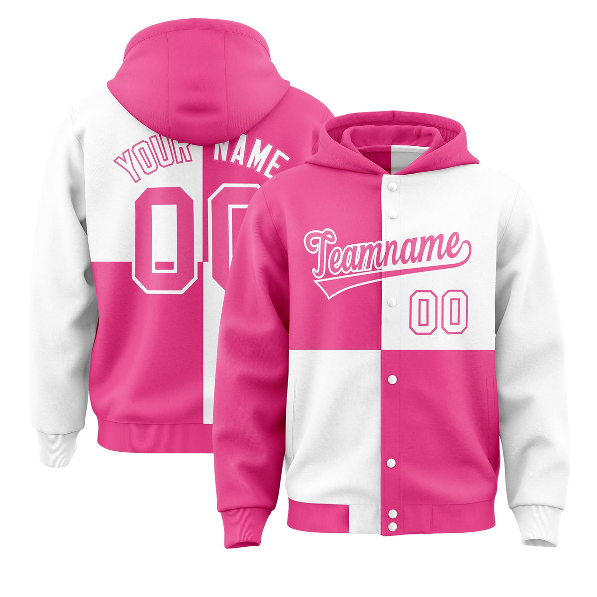 Custom Pink White Varsity Full-Snap Four Squares Color Block Letterman Jacket Hoodie| KXKSHOP