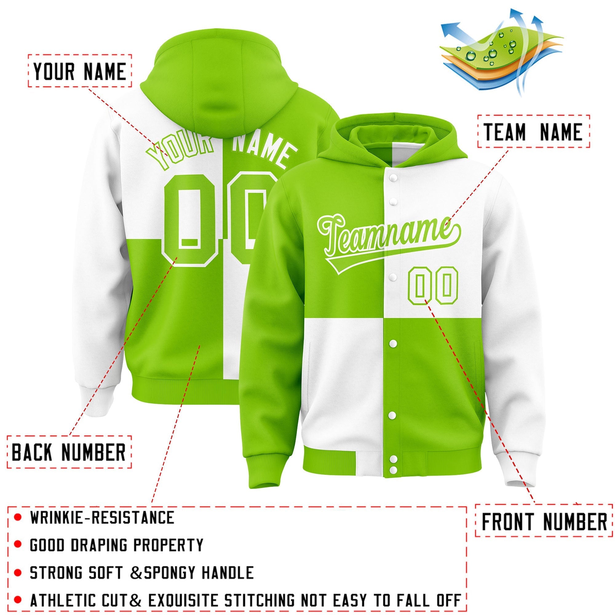 Custom Neon Green White Varsity Full-Snap Four Squares Color Block Letterman Jacket Hoodie| KXKSHOP