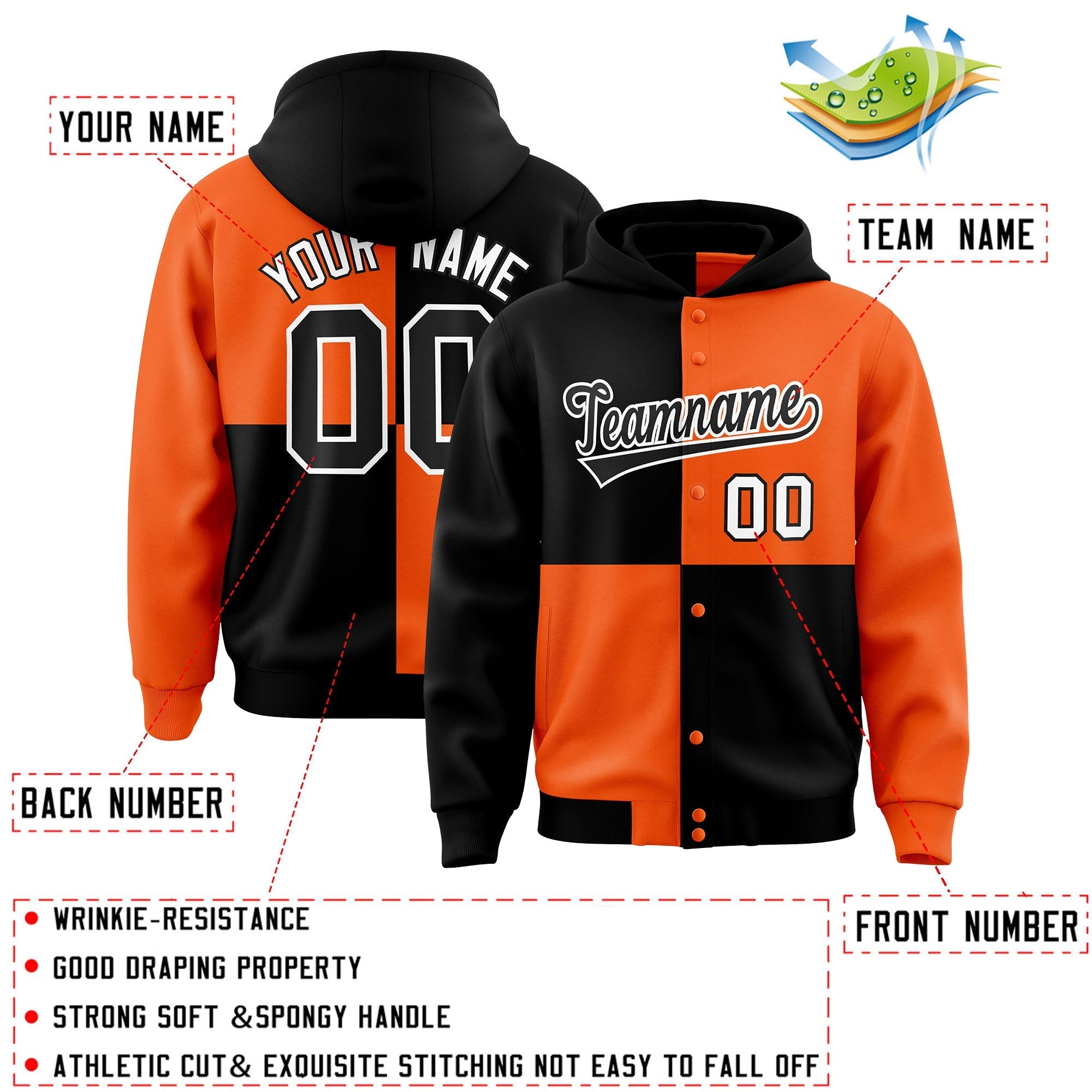 Custom Black Orange Varsity Full-Snap Four Squares Color Block Letterman Jacket Hoodie| KXKSHOP