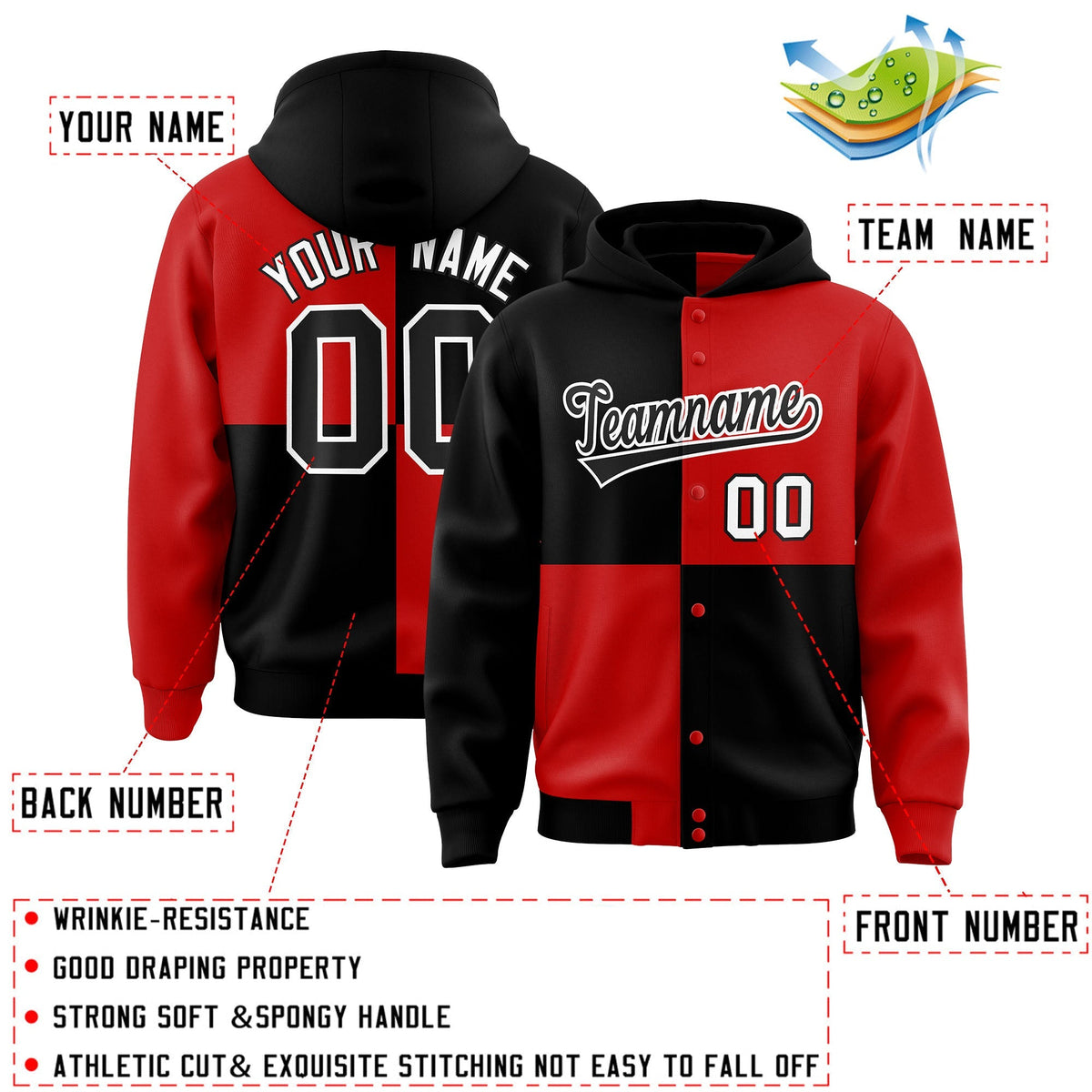 Custom Black Red Varsity Full-Snap Four Squares Color Block Letterman Jacket Hoodie| KXKSHOP