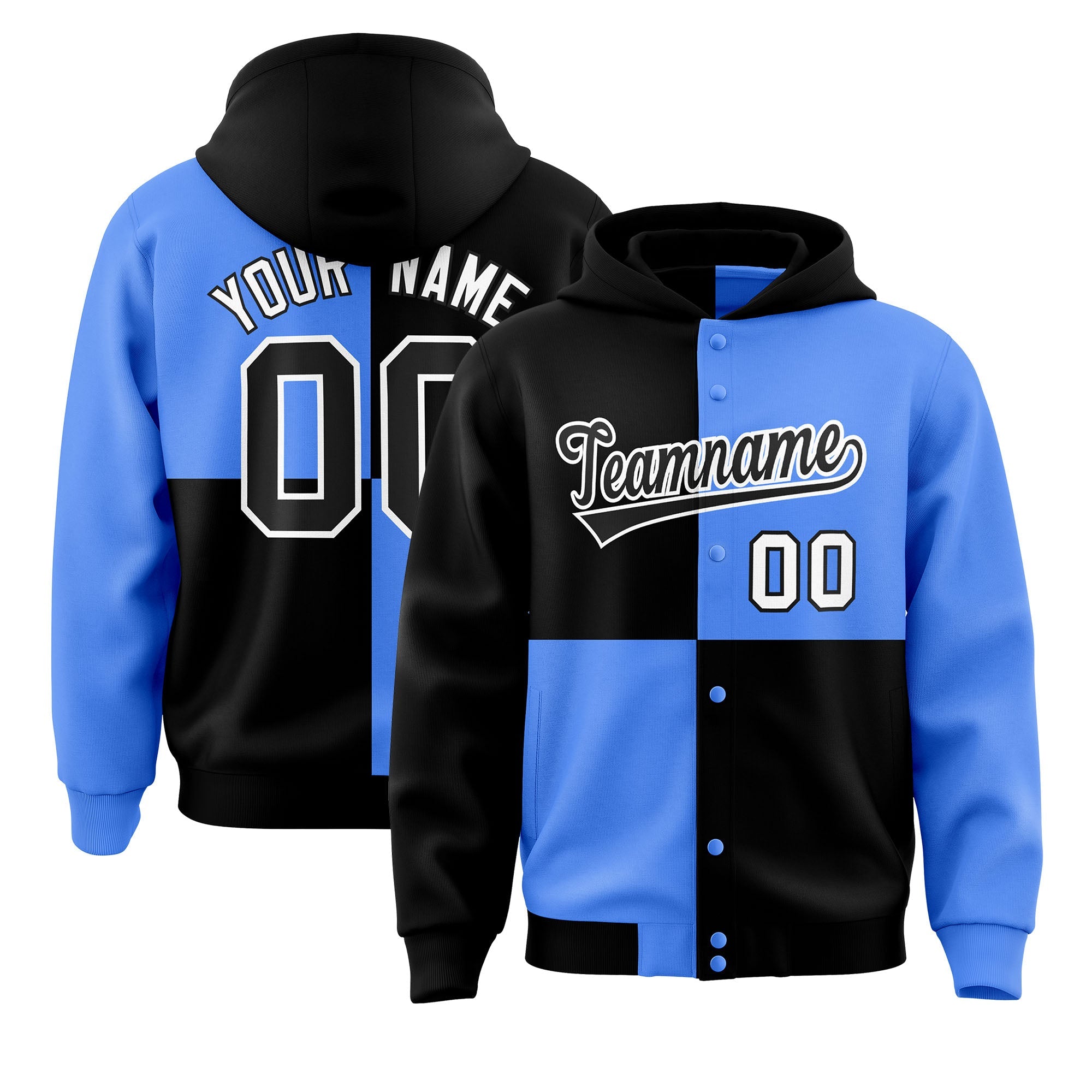 Custom Black Powder Blue Varsity Full-Snap Four Squares Color Block Letterman Jacket Hoodie| KXKSHOP