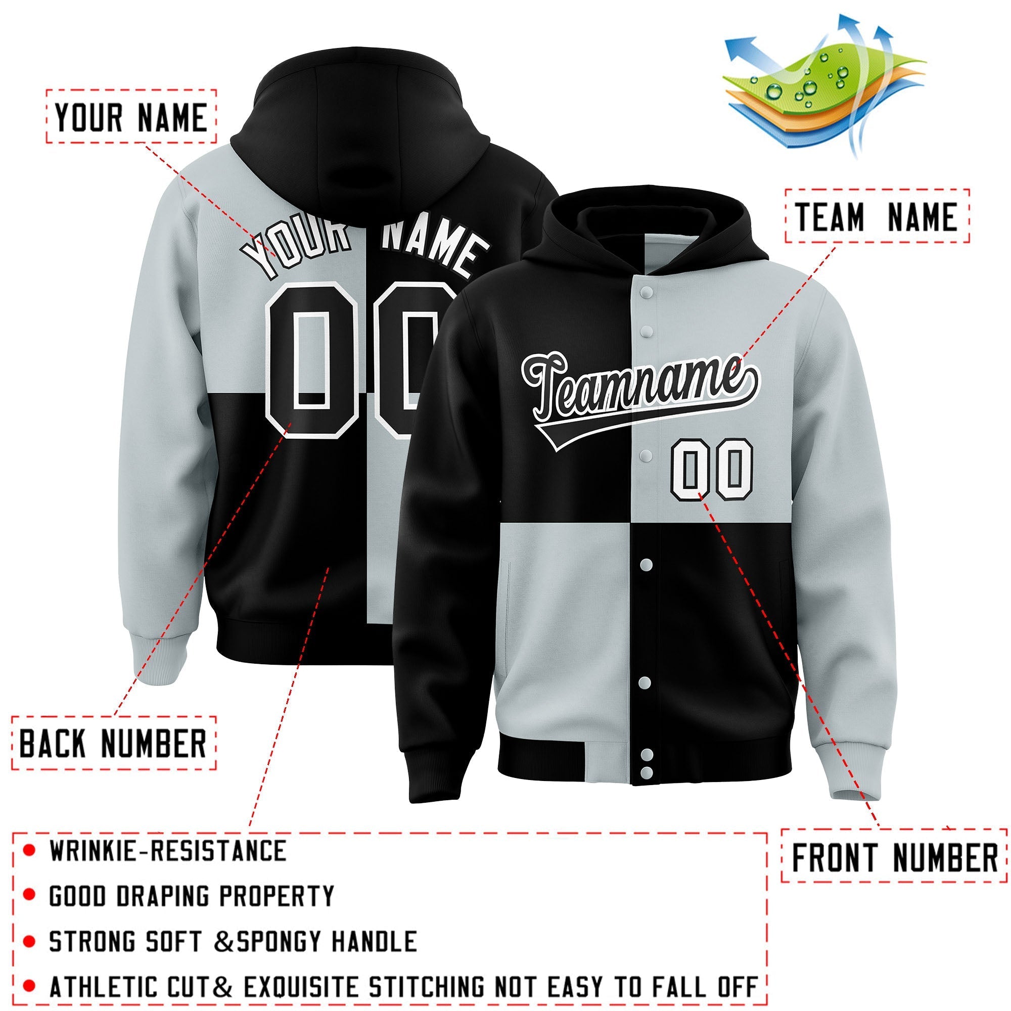Custom Black Silver Varsity Full-Snap Four Squares Color Block Letterman Jacket Hoodie| KXKSHOP