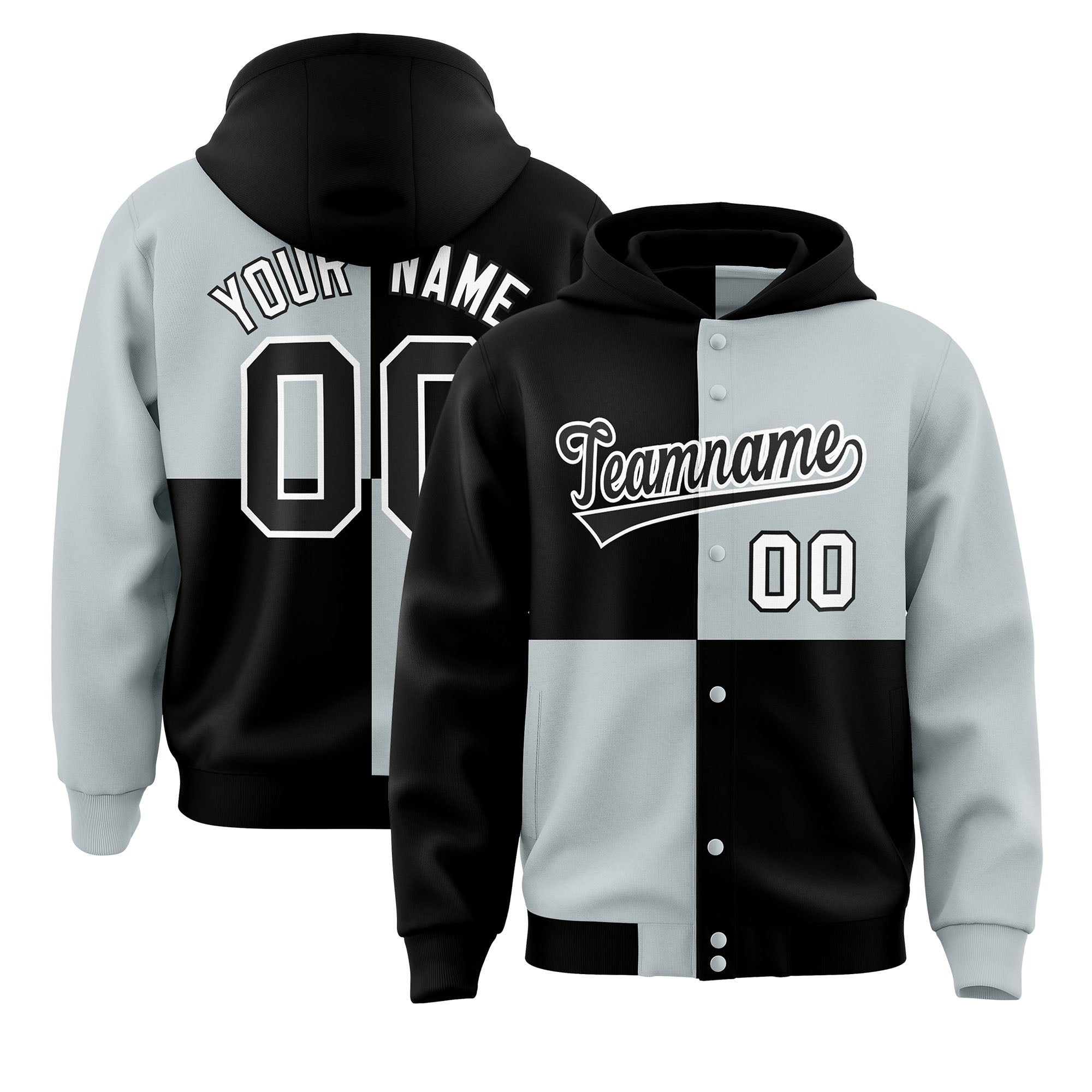 Custom Black Silver Varsity Full-Snap Four Squares Color Block Letterman Jacket Hoodie| KXKSHOP
