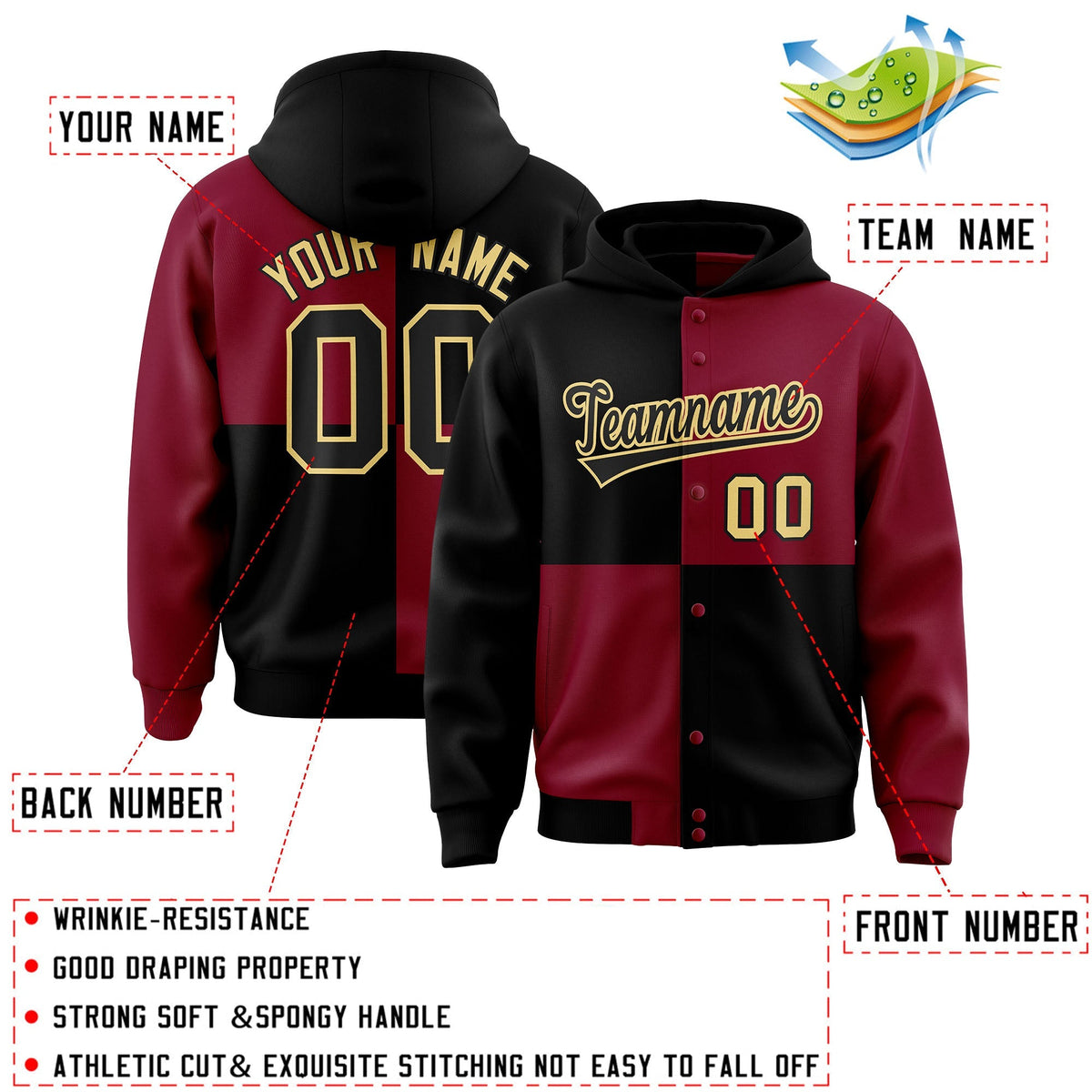 Custom Black Crimson Varsity Full-Snap Four Squares Color Block Letterman Jacket Hoodie| KXKSHOP