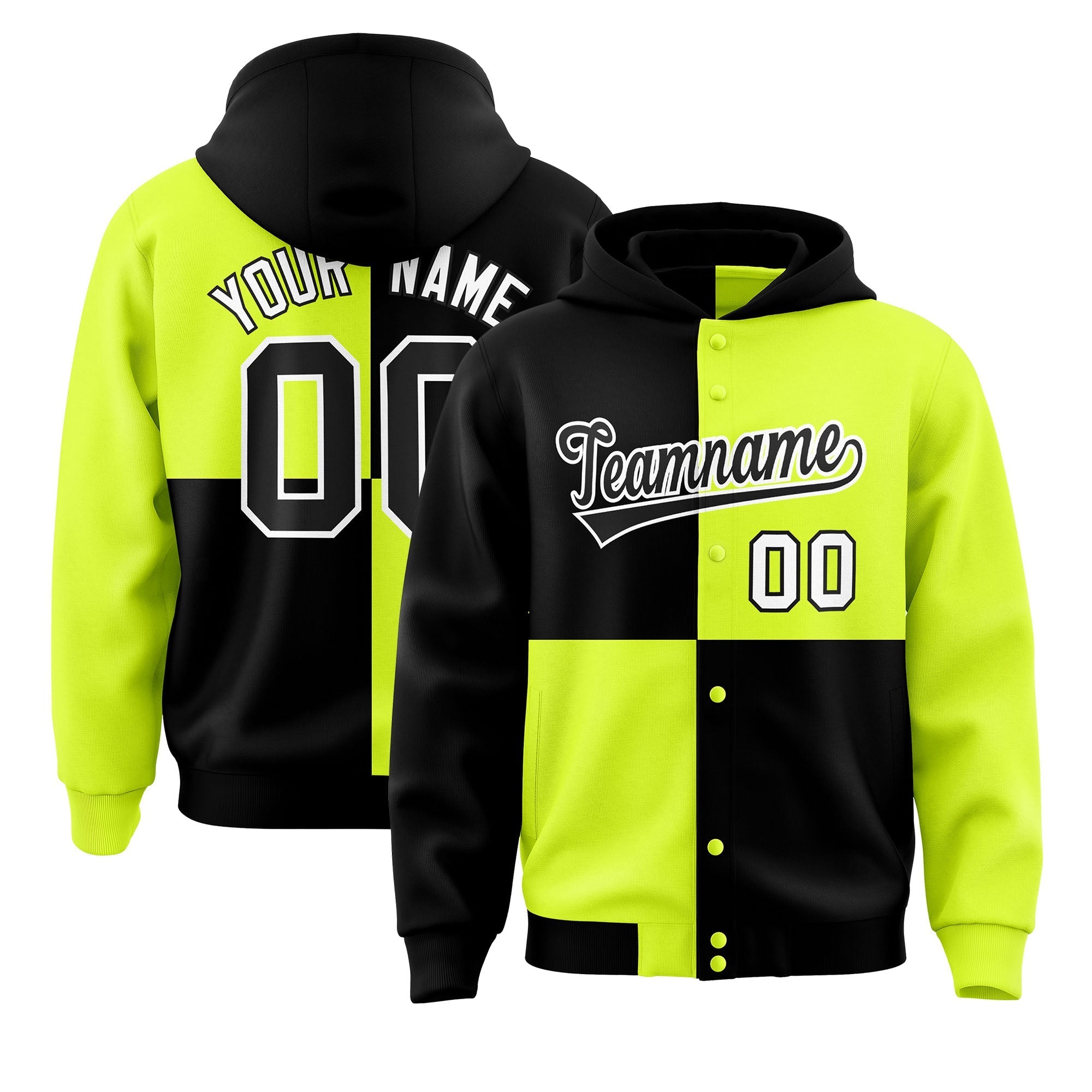 Custom Black Green Varsity Full-Snap Four Squares Color Block Letterman Jacket Hoodie| KXKSHOP