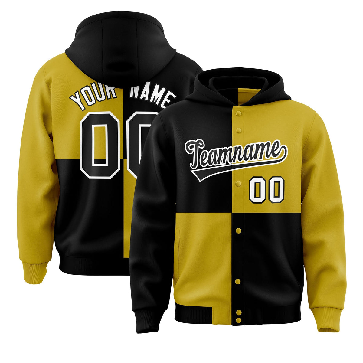 Custom Black Old Gold Varsity Full-Snap Four Squares Color Block Letterman Jacket Hoodie| KXKSHOP