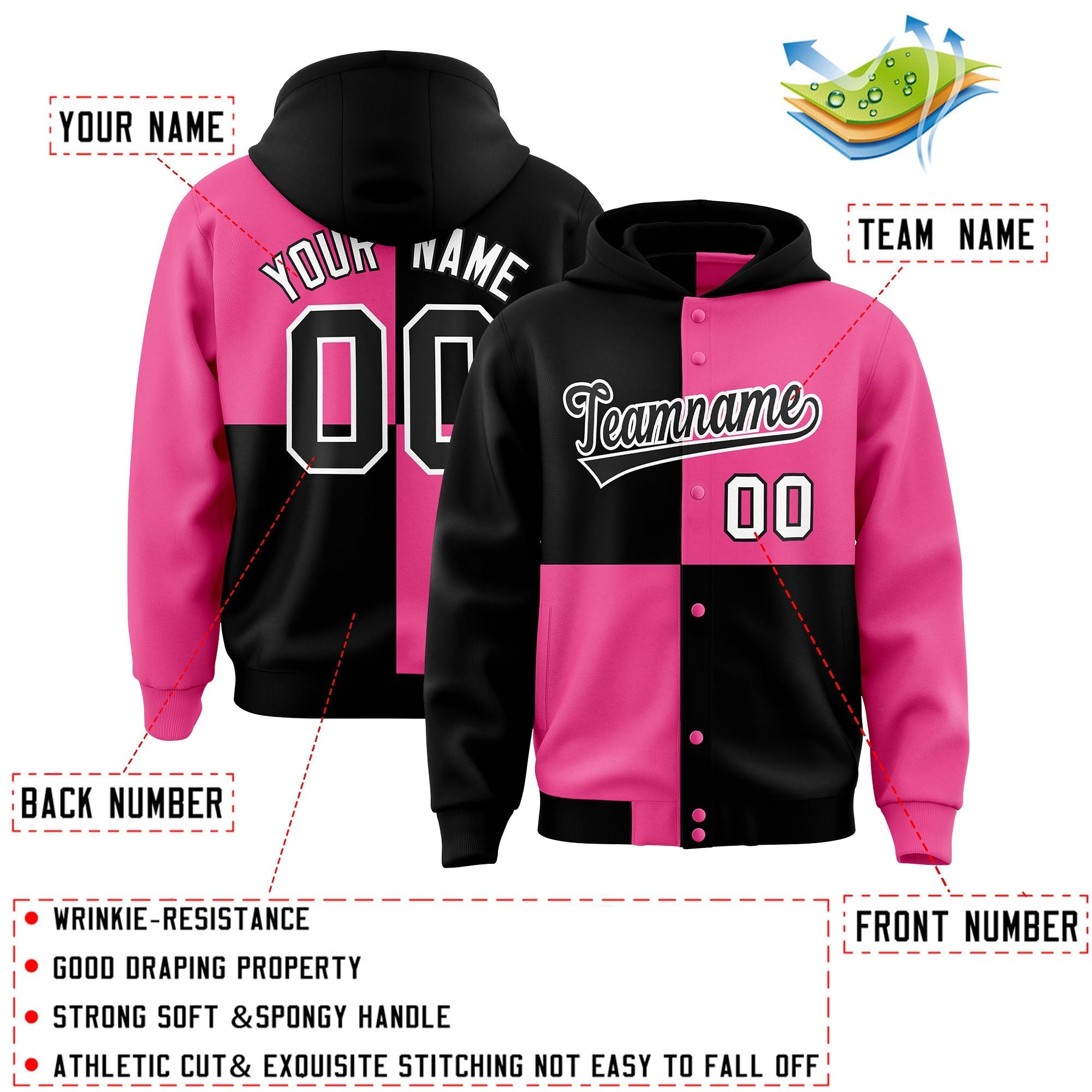 Custom Black Pink Varsity Full-Snap Four Squares Color Block Letterman Jacket Hoodie| KXKSHOP