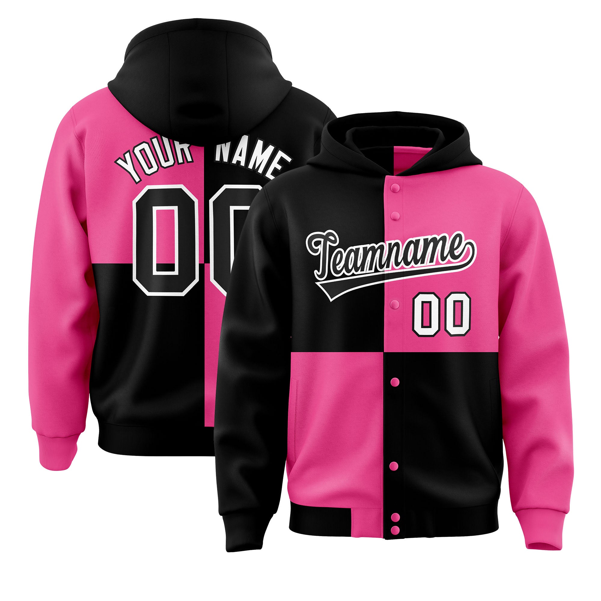 Custom Black Pink Varsity Full-Snap Four Squares Color Block Letterman Jacket Hoodie| KXKSHOP