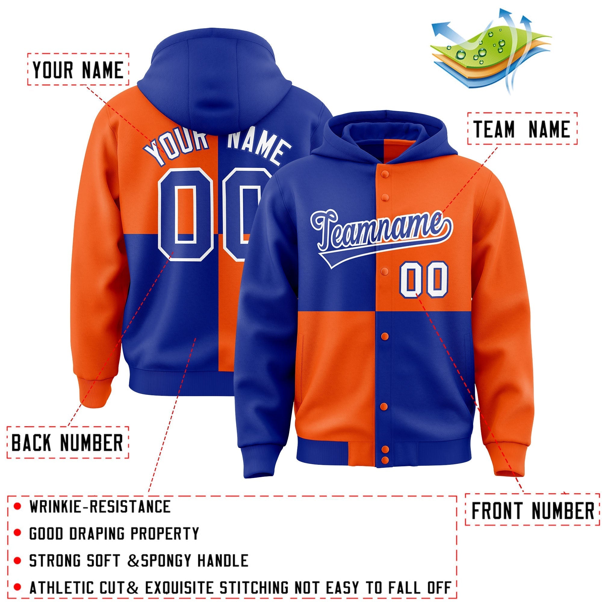 Custom Royal Orange Varsity Full-Snap Four Squares Color Block Letterman Jacket Hoodie| KXKSHOP