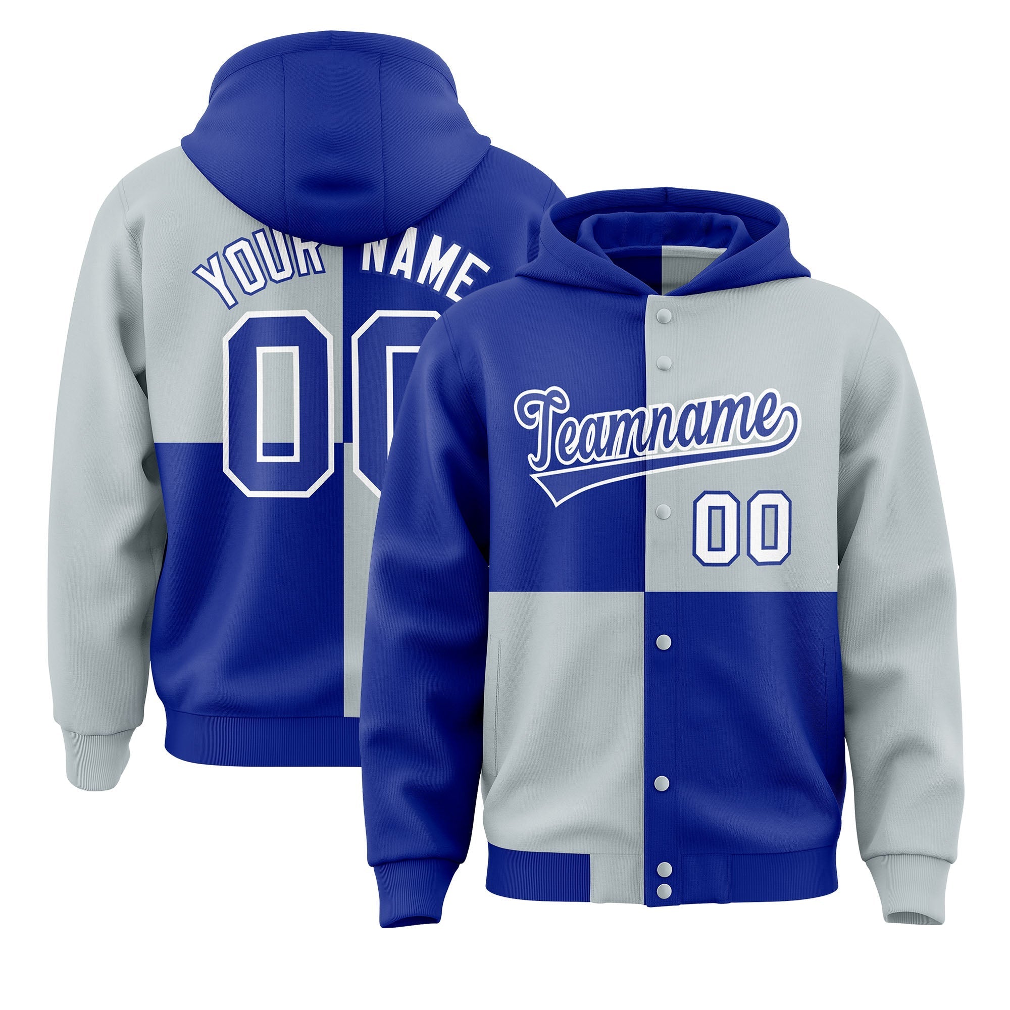 Custom Royal Silver Varsity Full-Snap Four Squares Color Block Letterman Jacket Hoodie| KXKSHOP