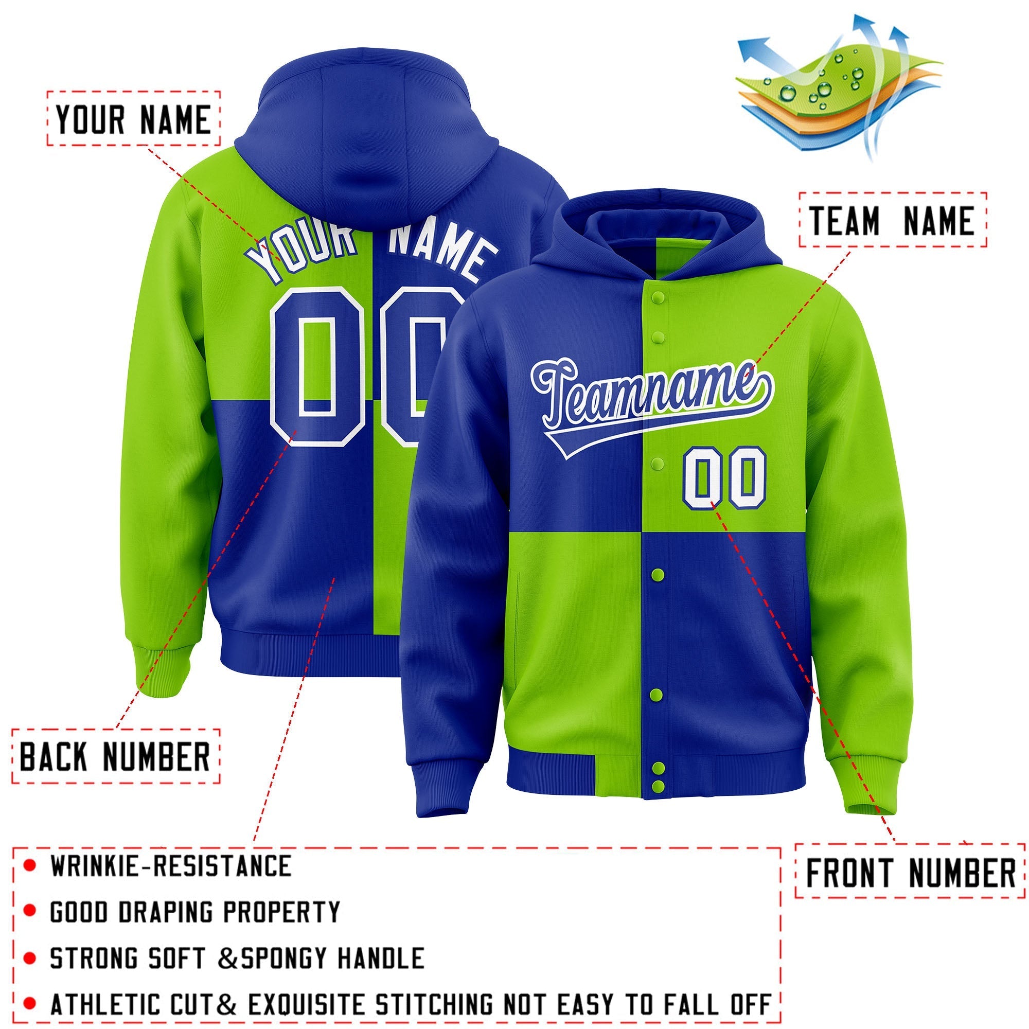 Custom Royal Neon Green Varsity Full-Snap Four Squares Color Block Letterman Jacket Hoodie| KXKSHOP