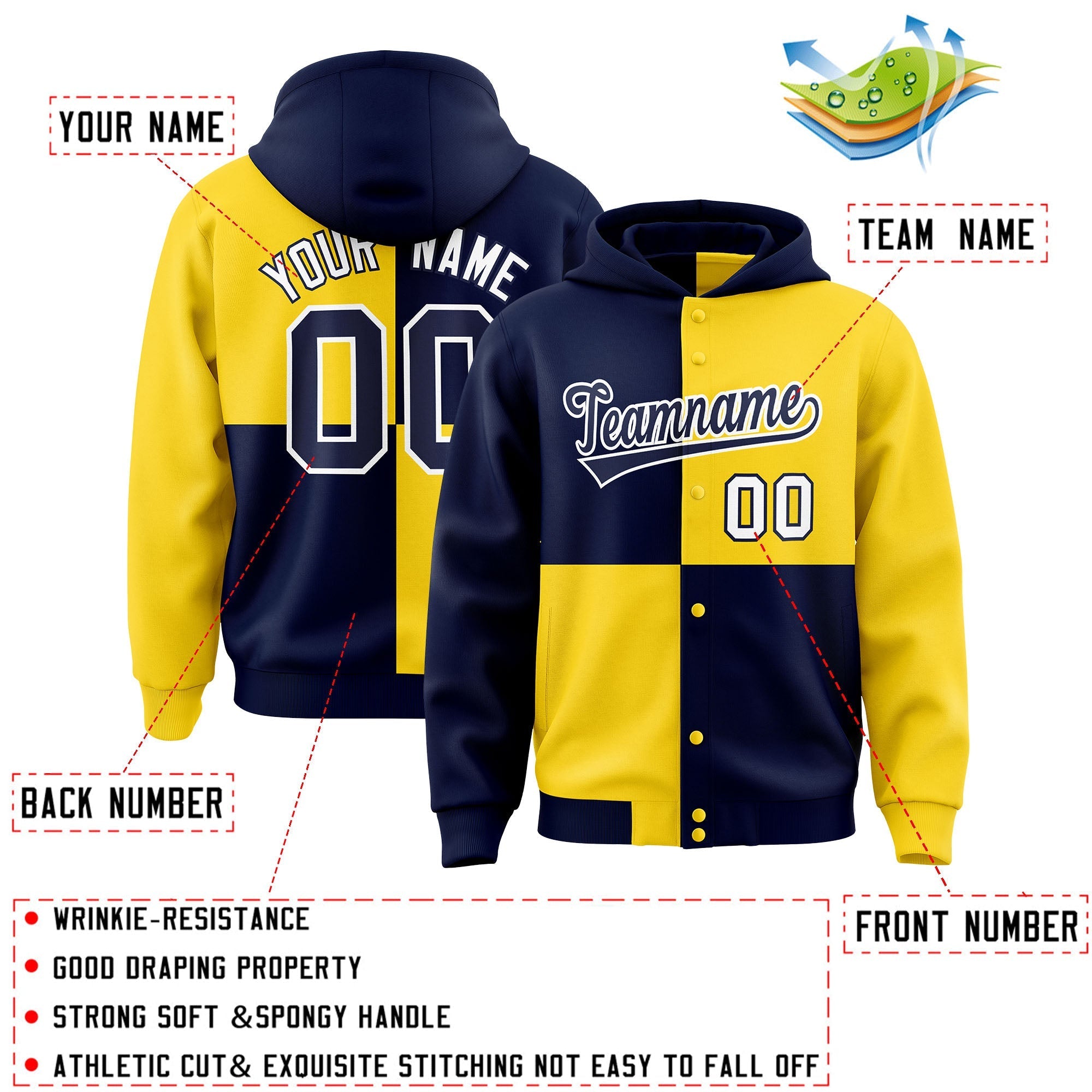 Custom Navy Gold Varsity Full-Snap Four Squares Color Block Letterman Jacket Hoodie| KXKSHOP