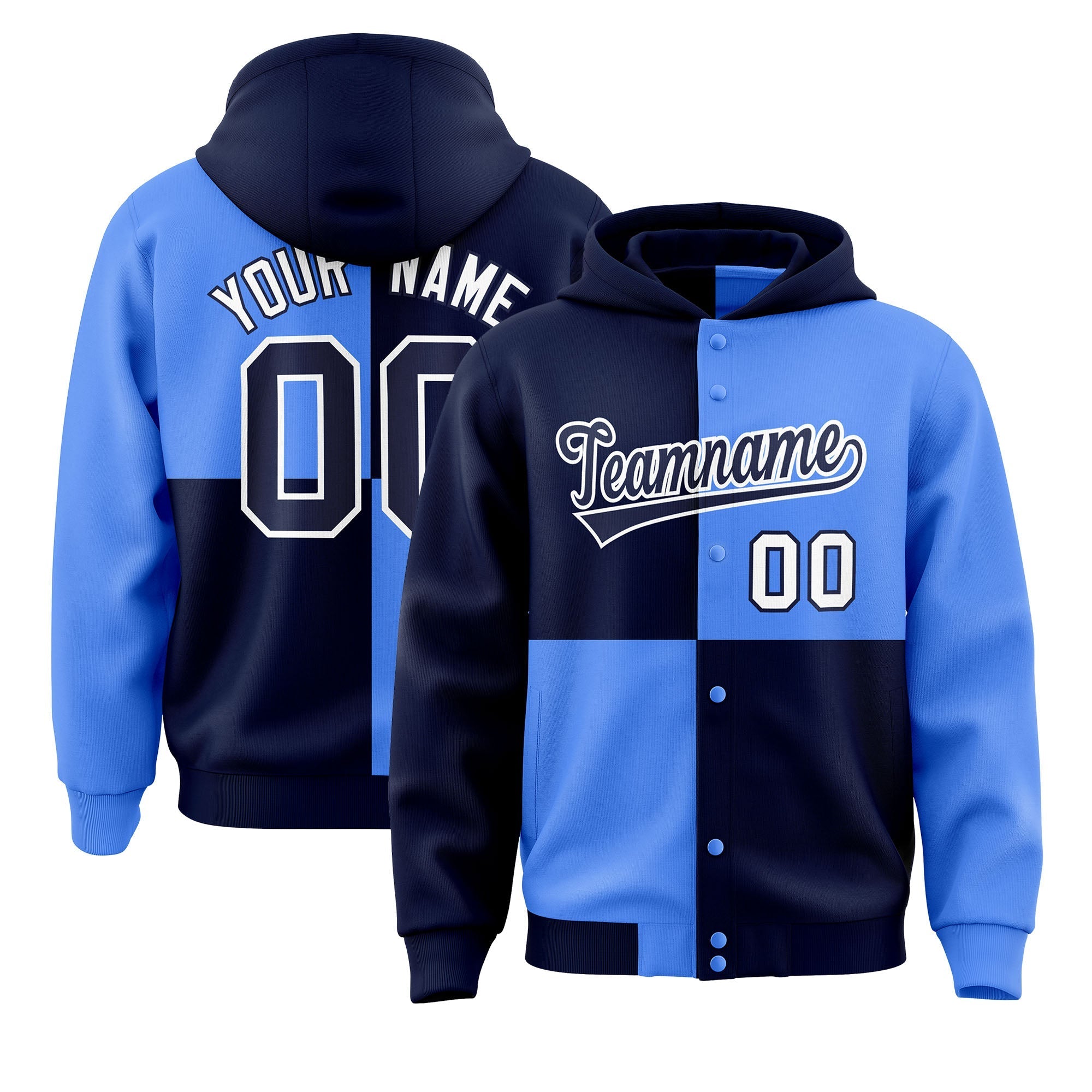 Custom Navy Powder Blue Varsity Full-Snap Four Squares Color Block Letterman Jacket Hoodie| KXKSHOP