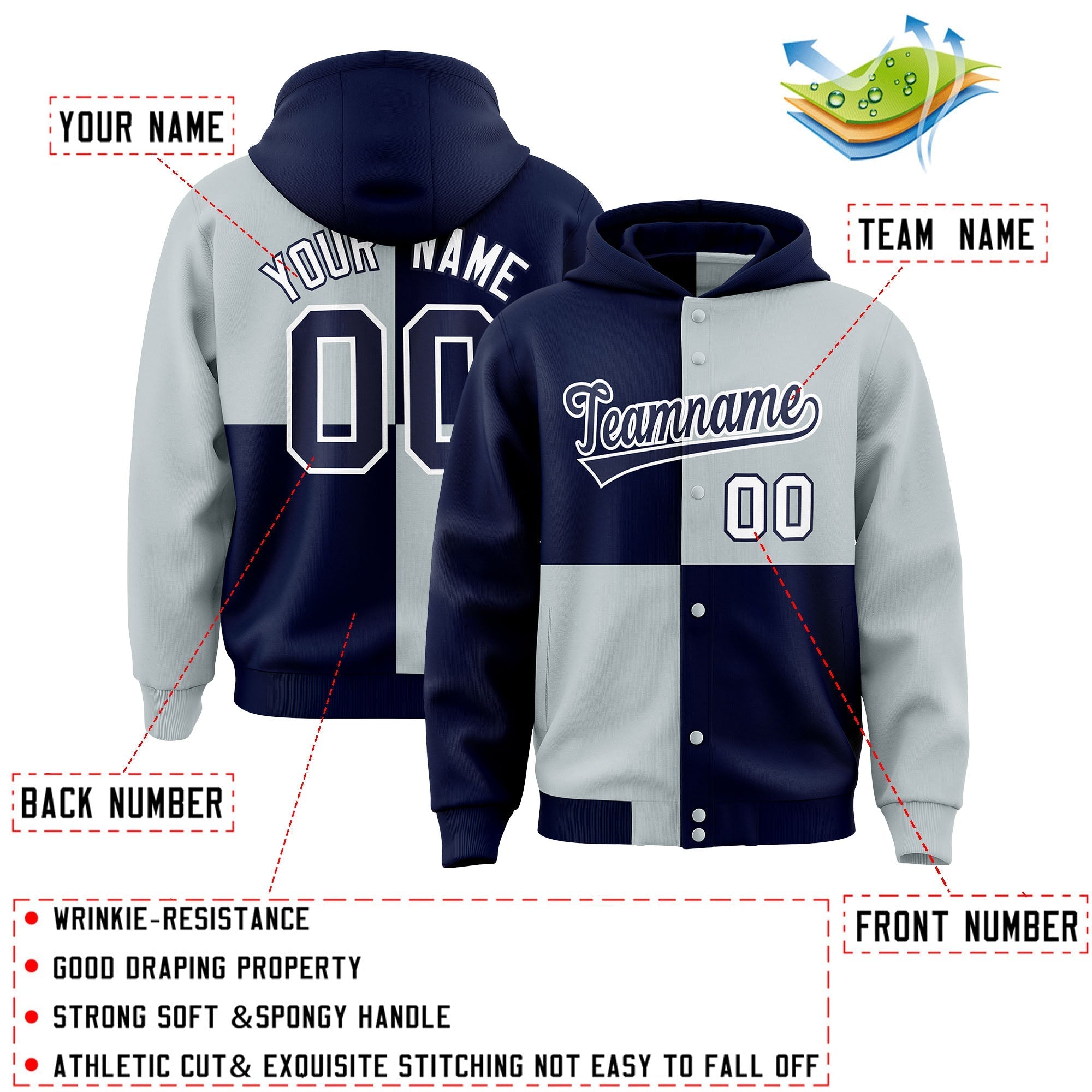 Custom Navy Silver Varsity Full-Snap Four Squares Color Block Letterman Jacket Hoodie| KXKSHOP