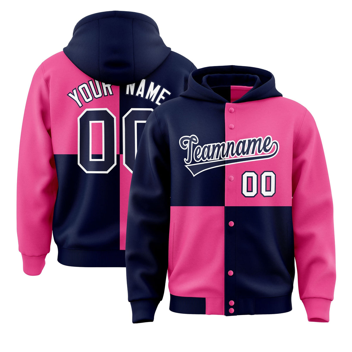 Custom Navy Pink Varsity Full-Snap Four Squares Color Block Letterman Jacket Hoodie| KXKSHOP