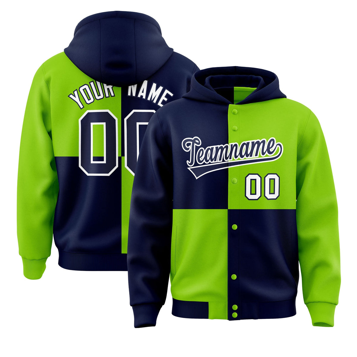 Custom Navy Neon Green Varsity Full-Snap Four Squares Color Block Letterman Jacket Hoodie| KXKSHOP