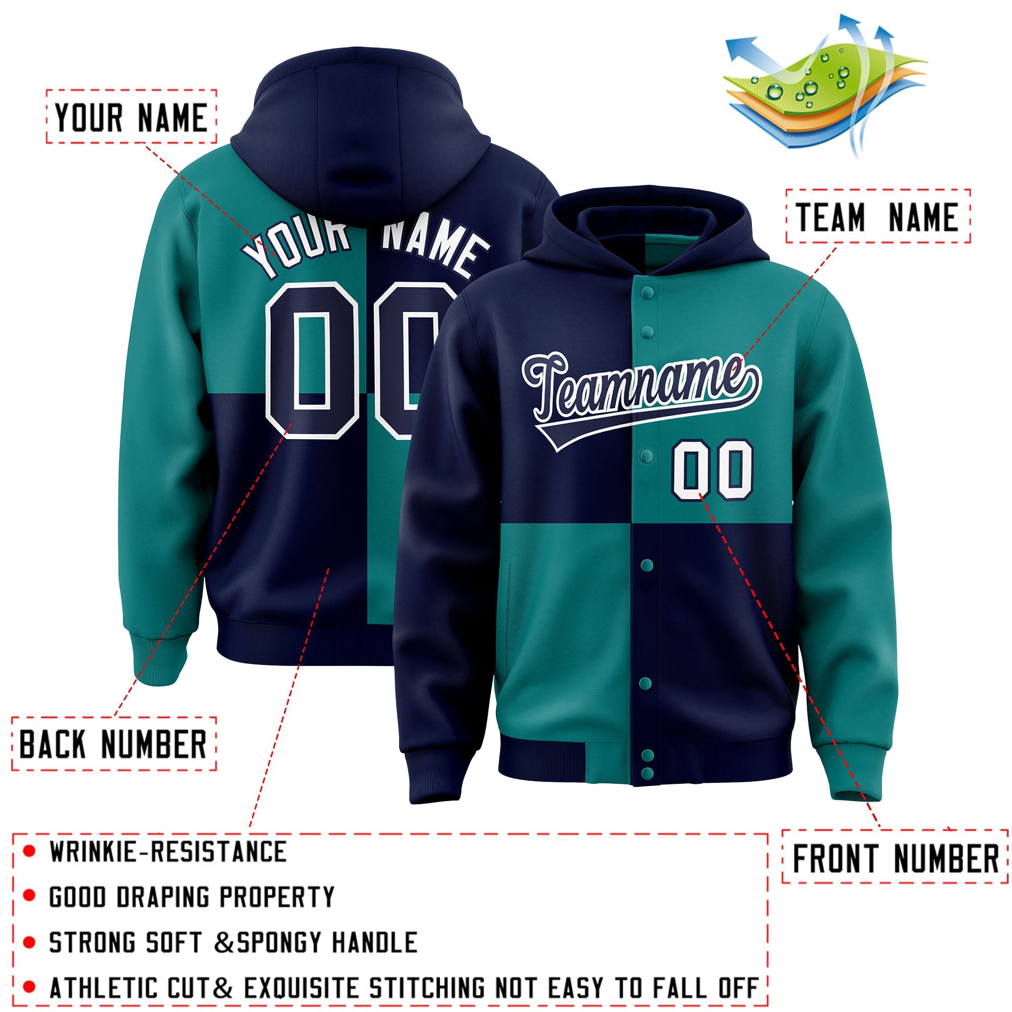 Custom Navy Aqua Varsity Full-Snap Four Squares Color Block Letterman Jacket Hoodie| KXKSHOP