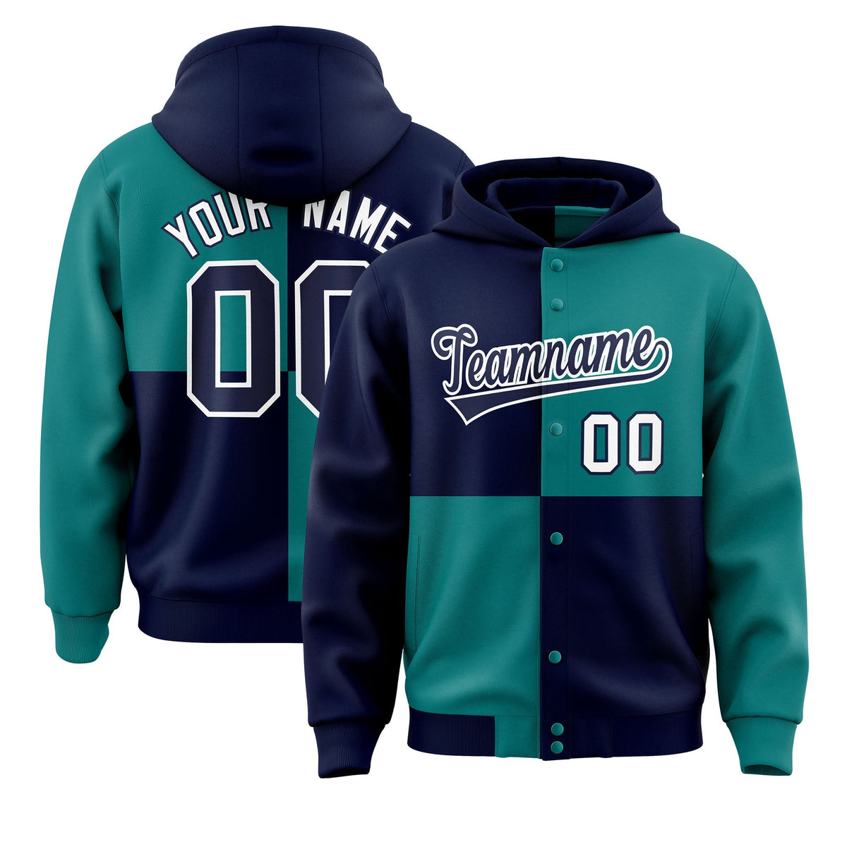 Custom Navy Aqua Varsity Full-Snap Four Squares Color Block Letterman Jacket Hoodie| KXKSHOP
