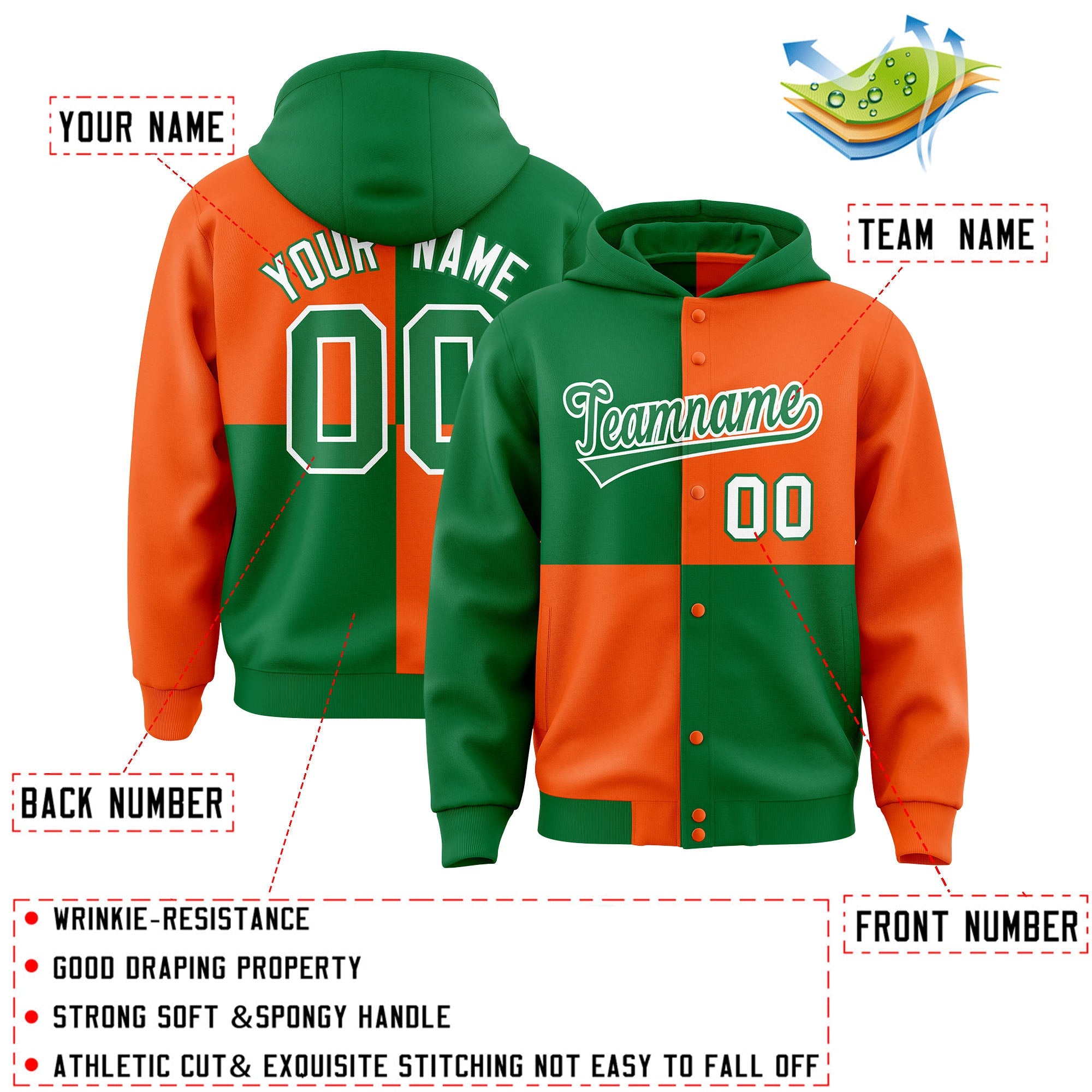 Custom Kelly Green Orange Varsity Full-Snap Four Squares Color Block Letterman Jacket Hoodie| KXKSHOP