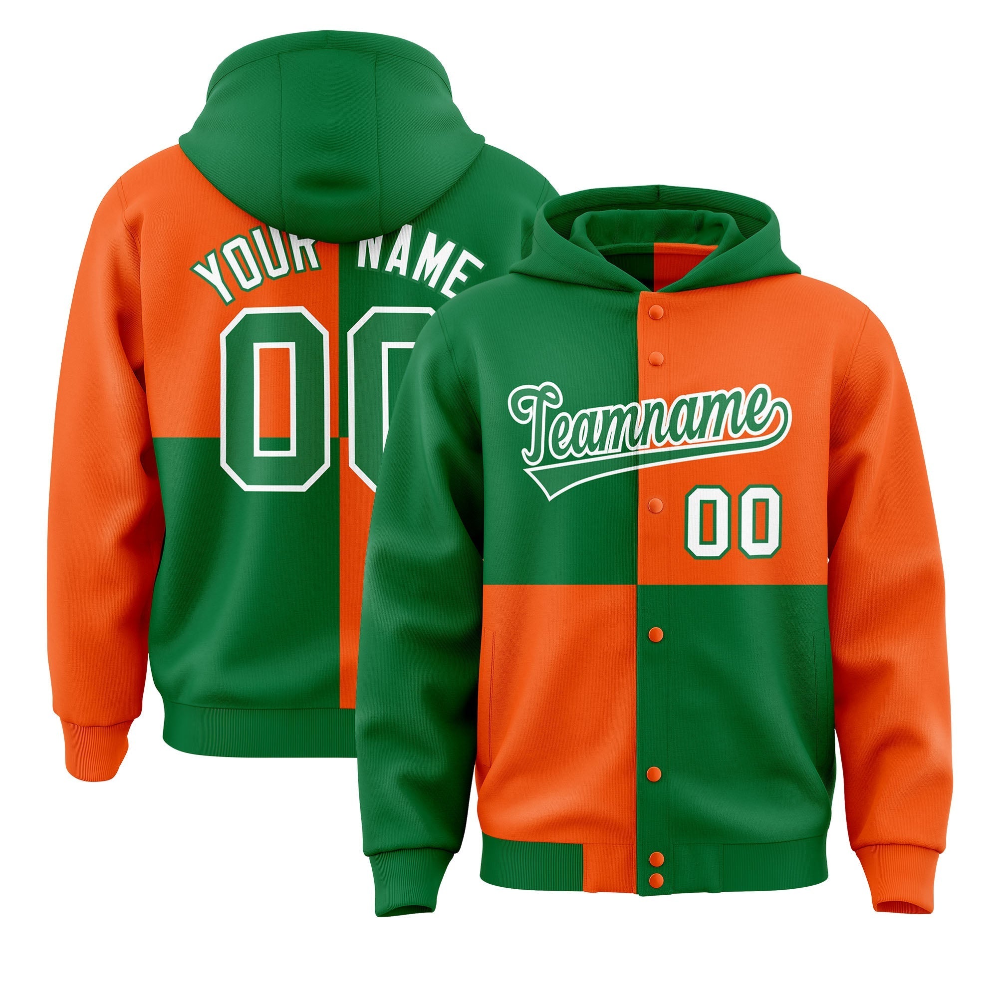 Custom Kelly Green Orange Varsity Full-Snap Four Squares Color Block Letterman Jacket Hoodie| KXKSHOP