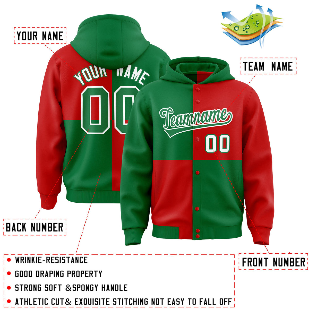 Custom Kelly Green Red Varsity Full-Snap Four Squares Color Block Letterman Jacket Hoodie| KXKSHOP