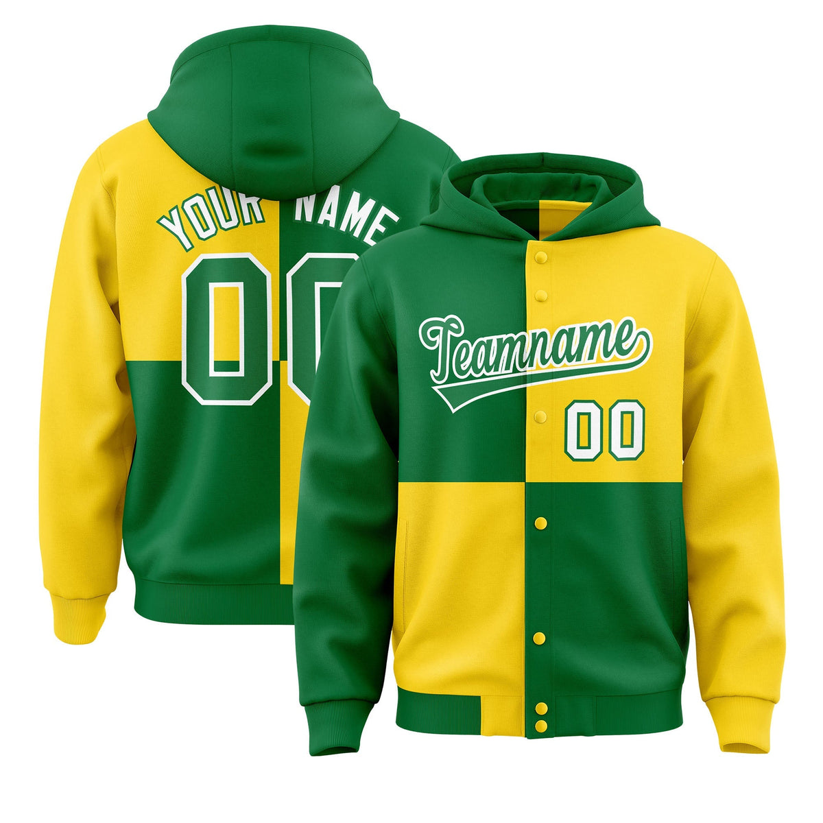 Custom Kelly Green Gold Varsity Full-Snap Four Squares Color Block Letterman Jacket Hoodie| KXKSHOP